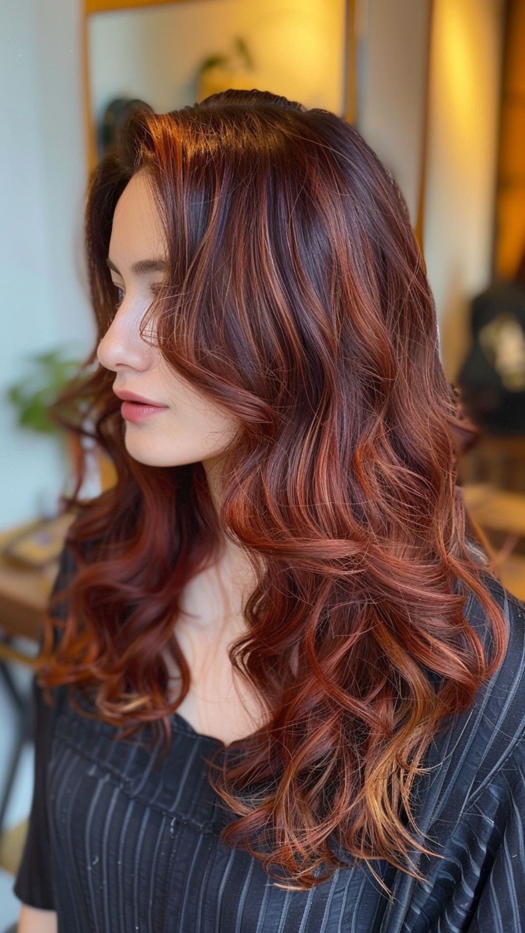 Uma mulher modelando um cabelo castanho com mechas vermelhas.