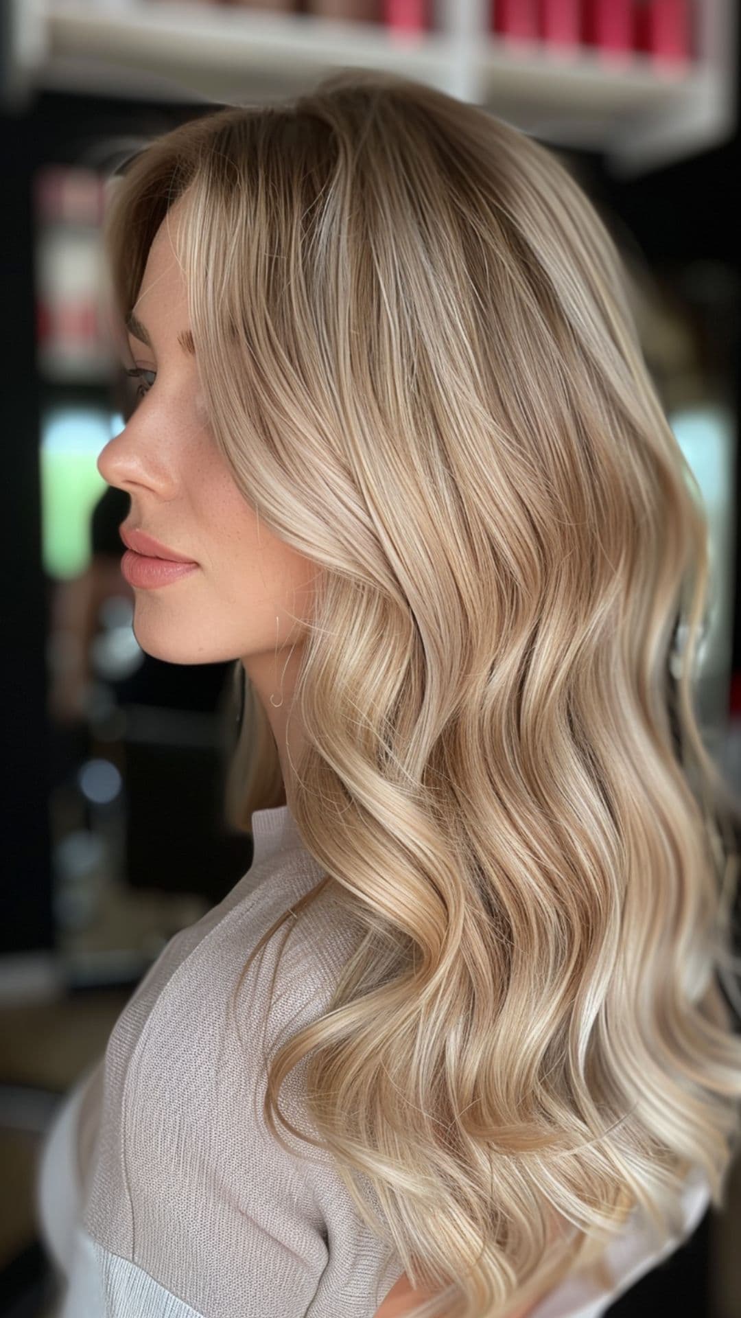 A woman modelling a beige blonde hair.