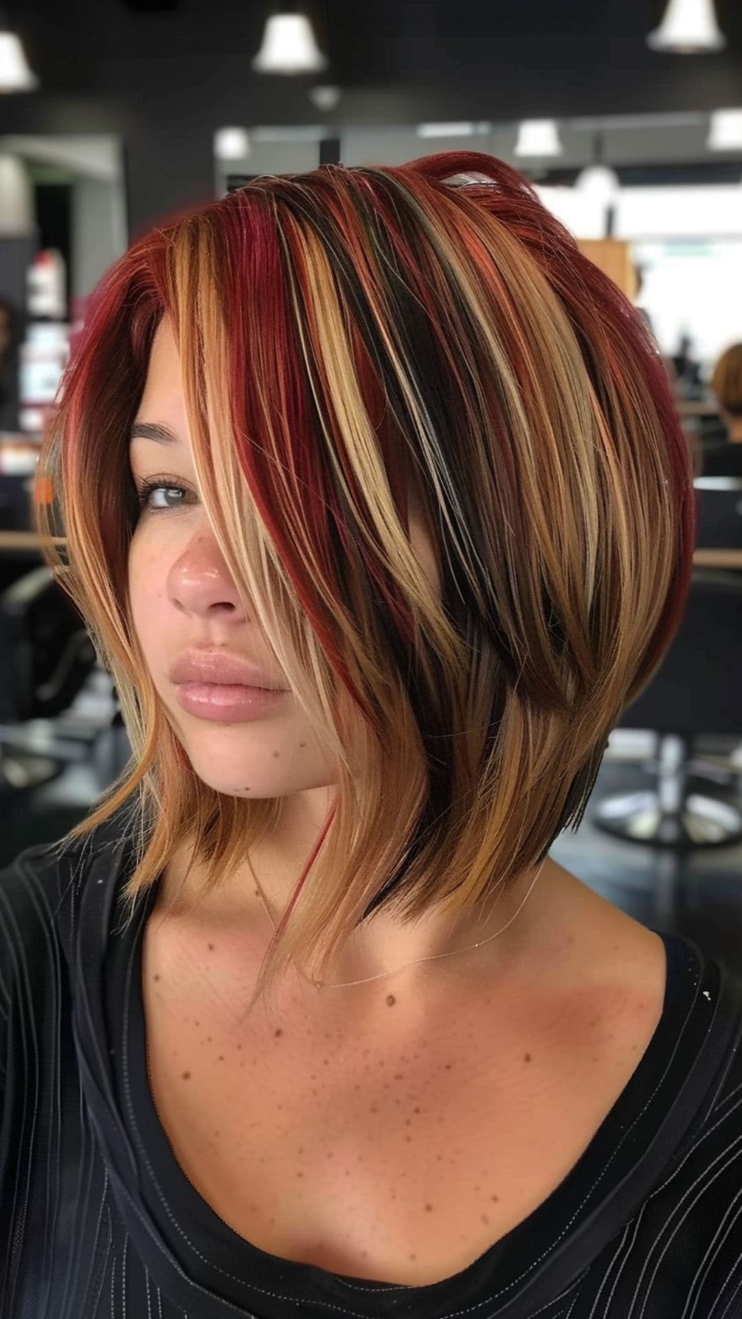 Uma mulher modelando um cabelo preto, ruivo e loiro com mechas grossas.