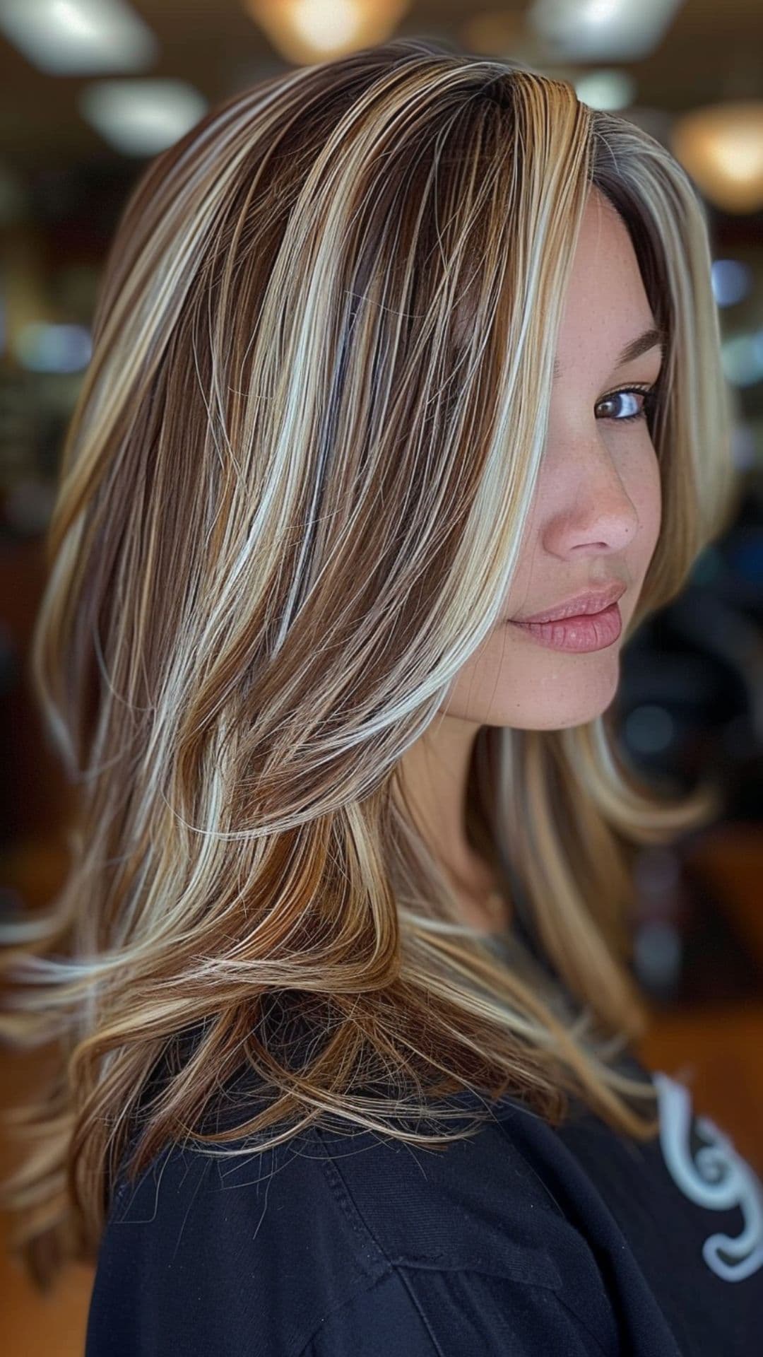 Uma mulher modelando um cabelo loiro com mechas grossas em um cabelo castanho claro.