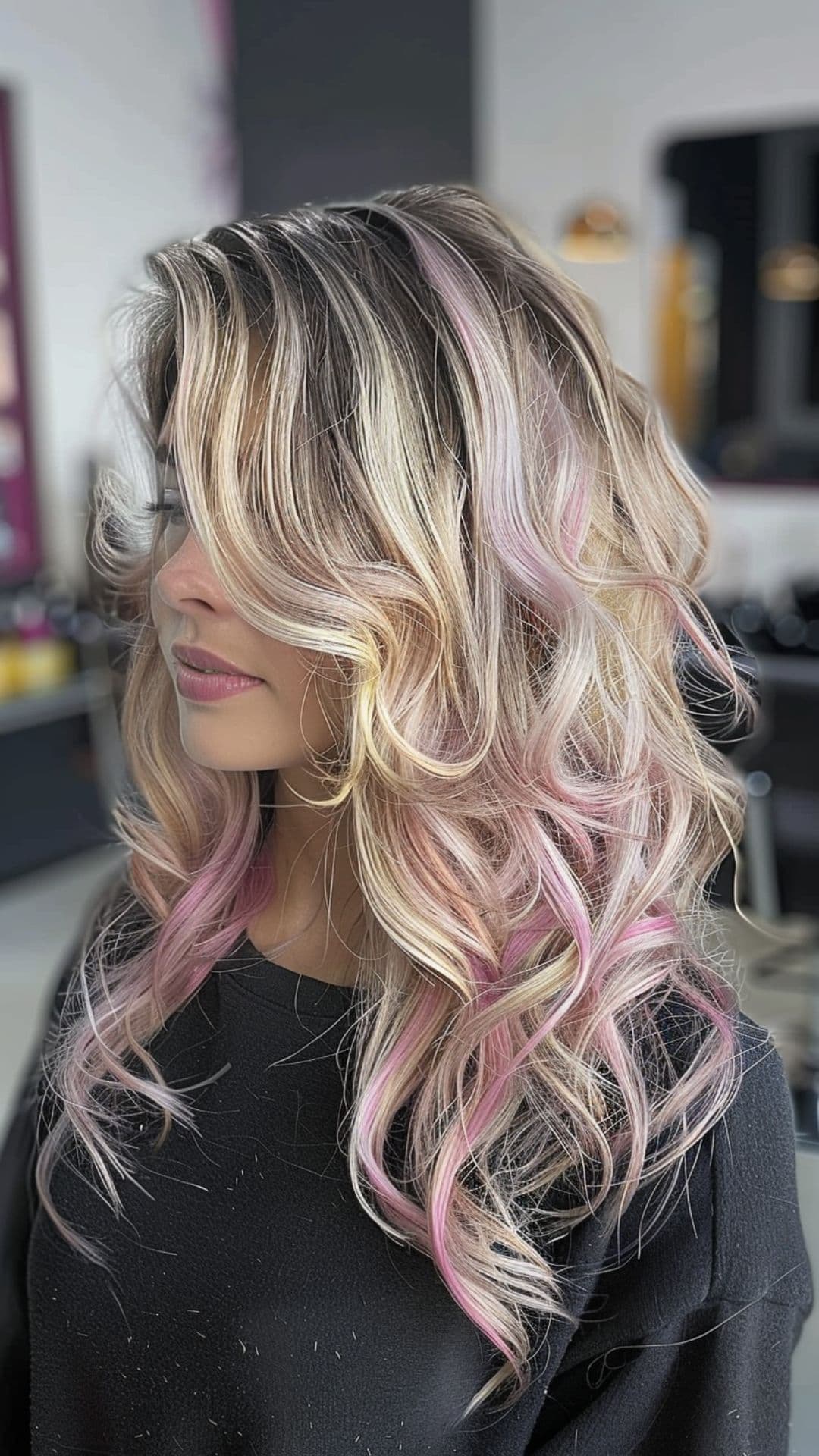 Uma mulher modelando um cabelo loiro e com mechas rosa.