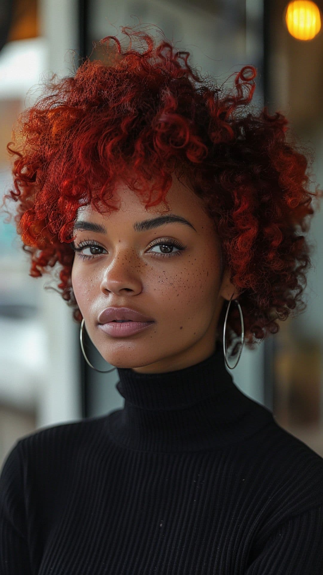 A black woman modelling a bright red afro hair.