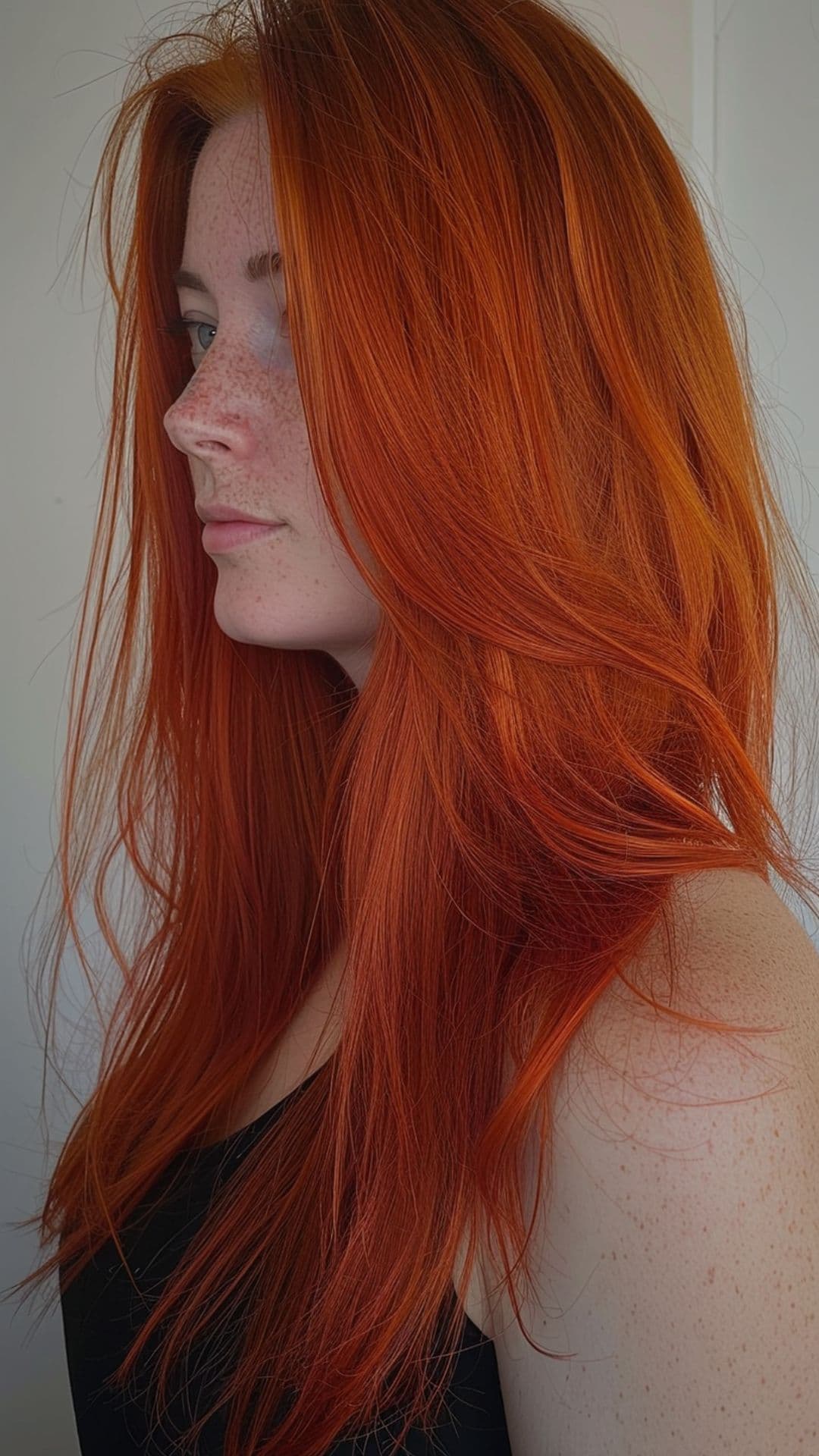 Uma mulher modelando um cabelo laranja queimado.