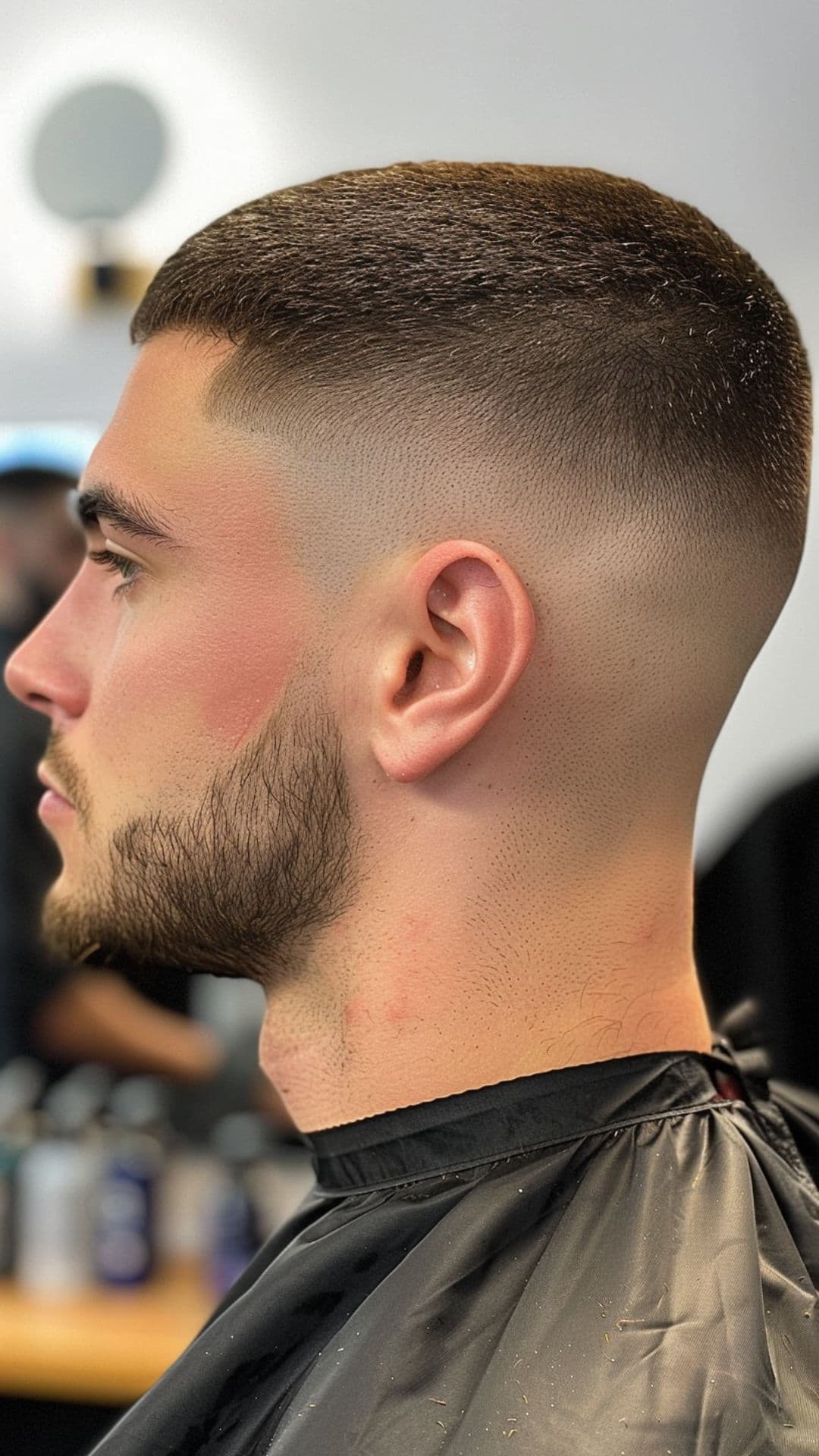 A man modelling a buzz haircut with skin fade.