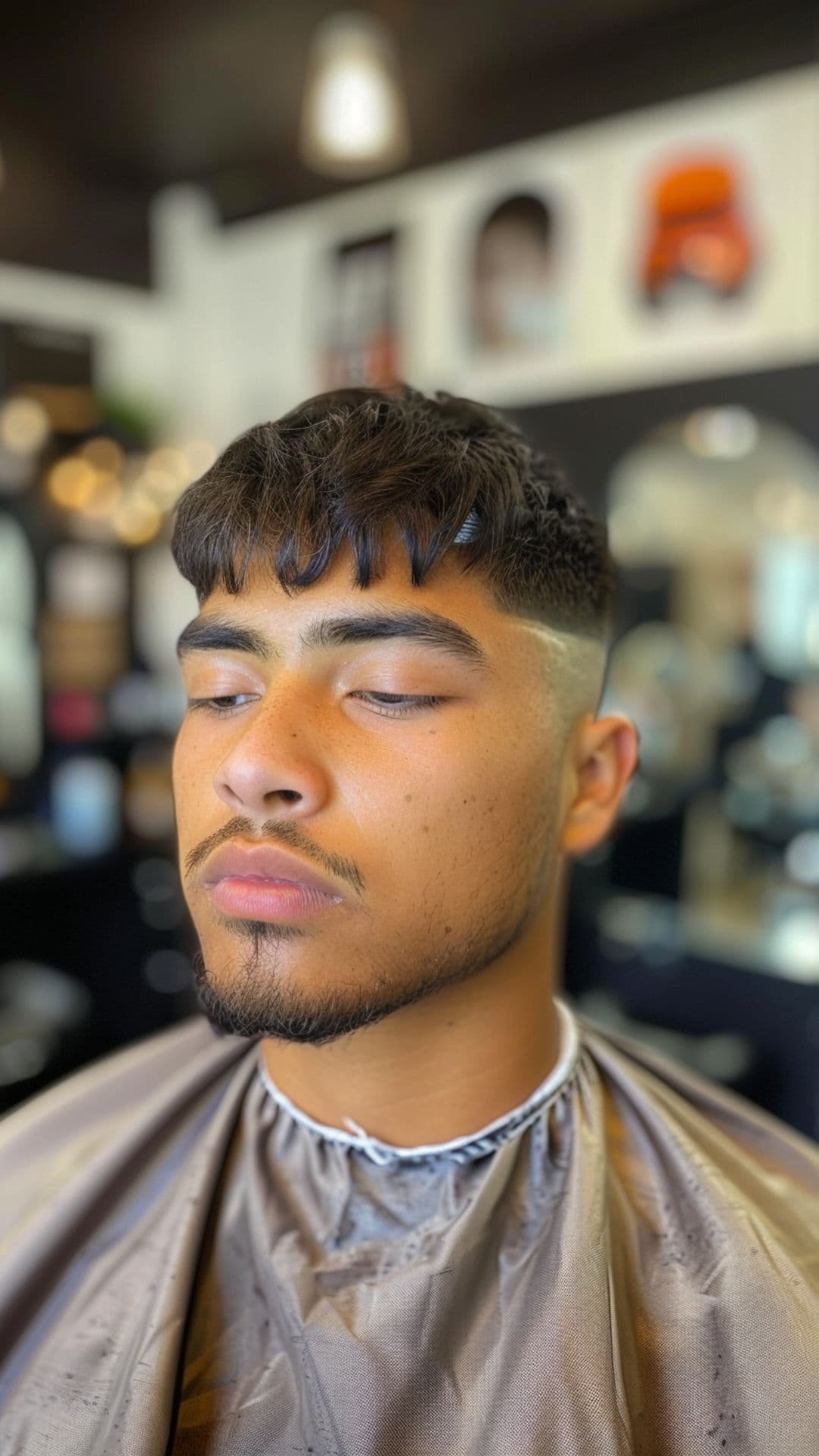 A man modelling a caesar haircut.