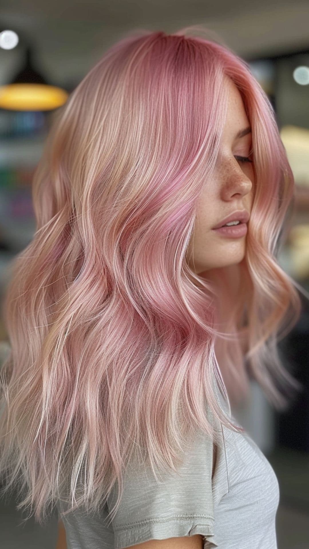 A woman modelling a candy floss pink hair.