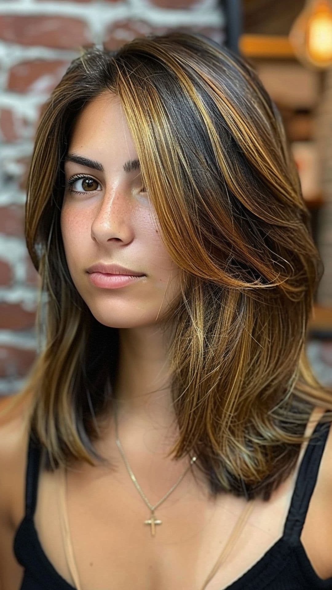 Uma mulher modelando um cabelo com mechas grossas e caramelo.