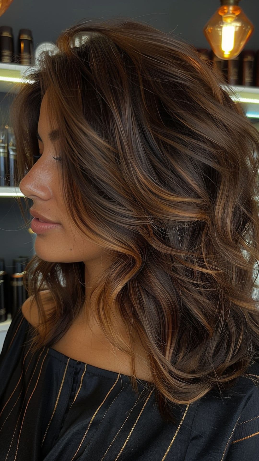 A woman modelling a caramel hair highlights.
