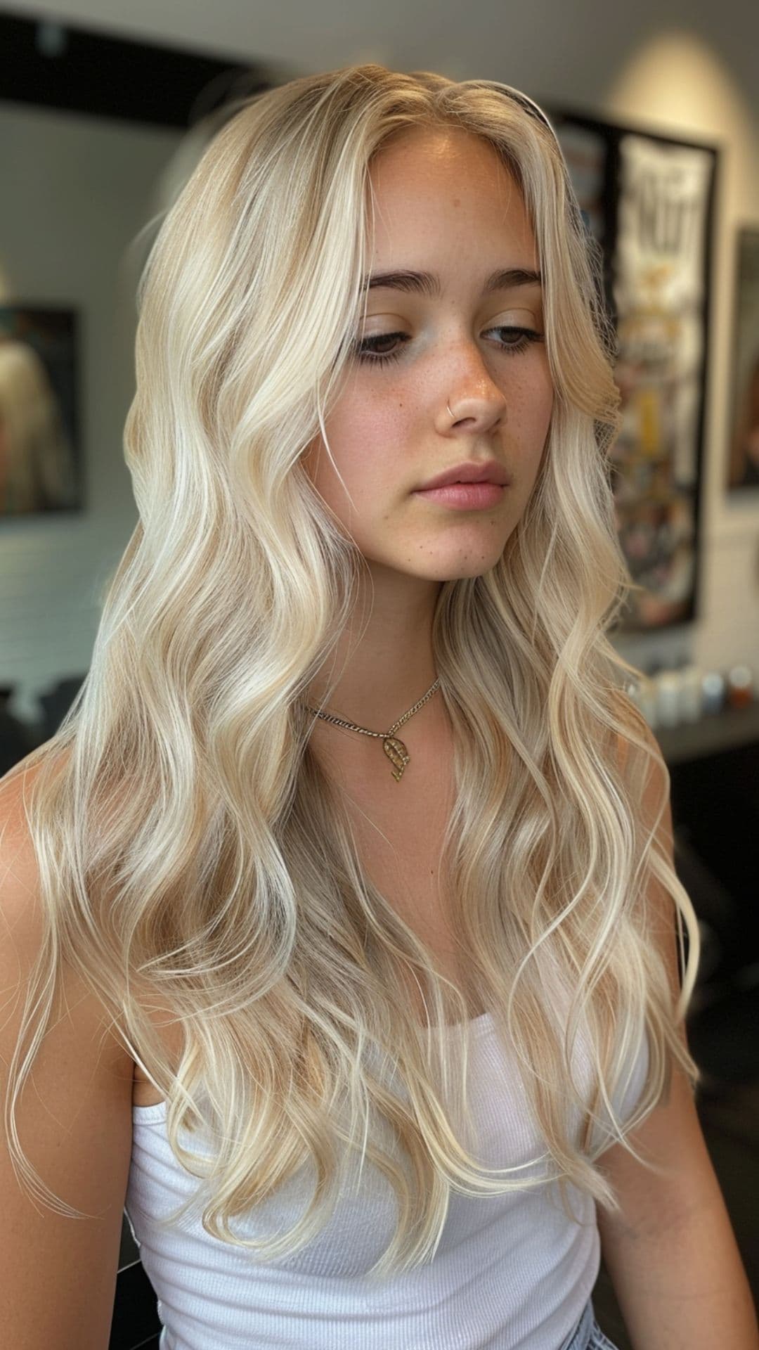 A woman modelling a champagne blonde hair.