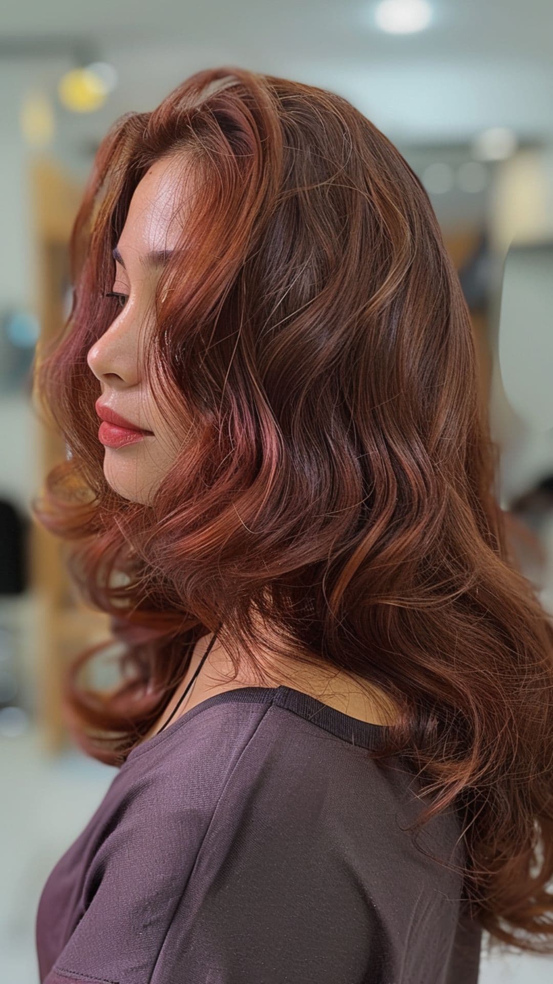 Uma mulher modelando um cabelo castanho avermelhado.