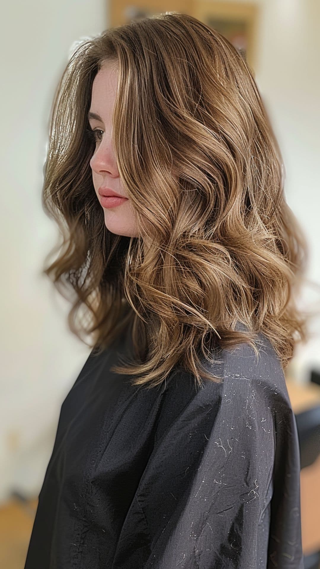 Uma mulher modelando um cabelo cor de cacau e mocha.