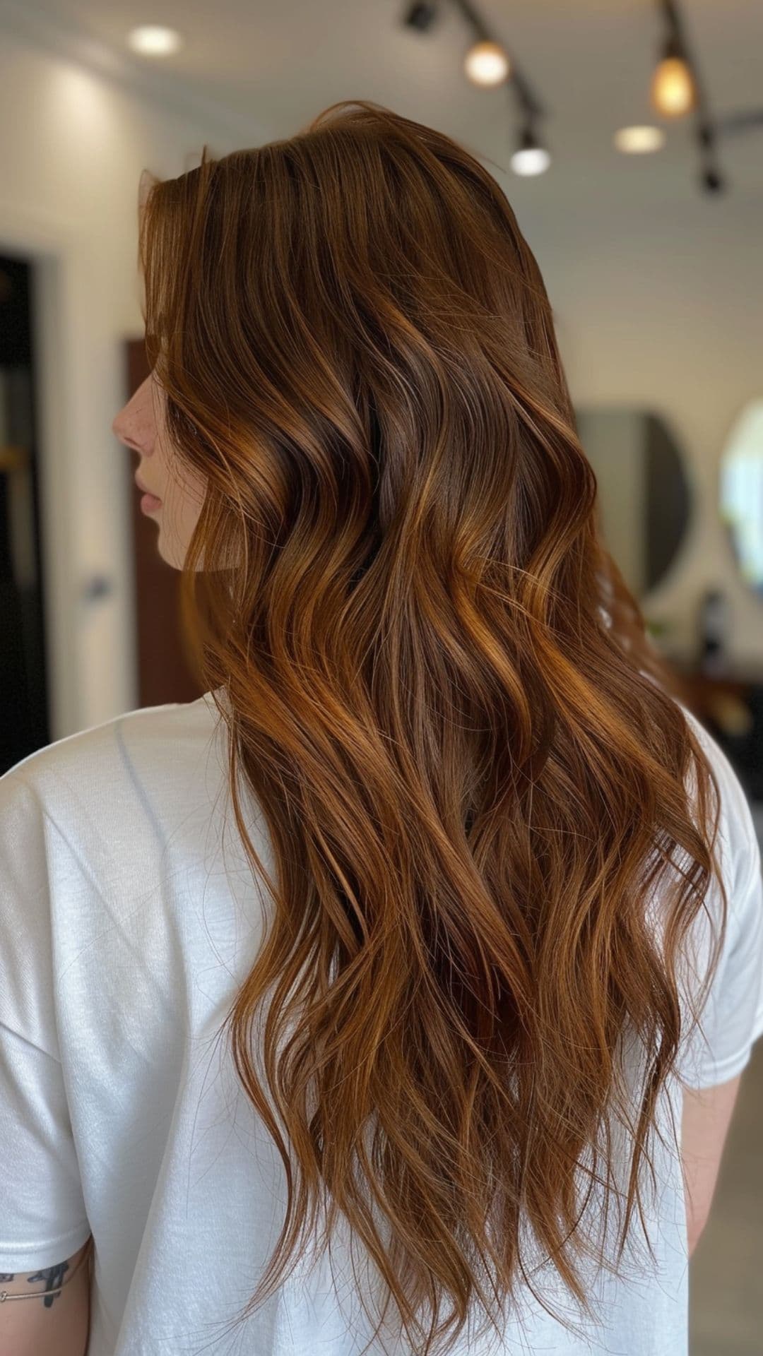 Uma mulher modelando um cabelo castanho-avermelhado.