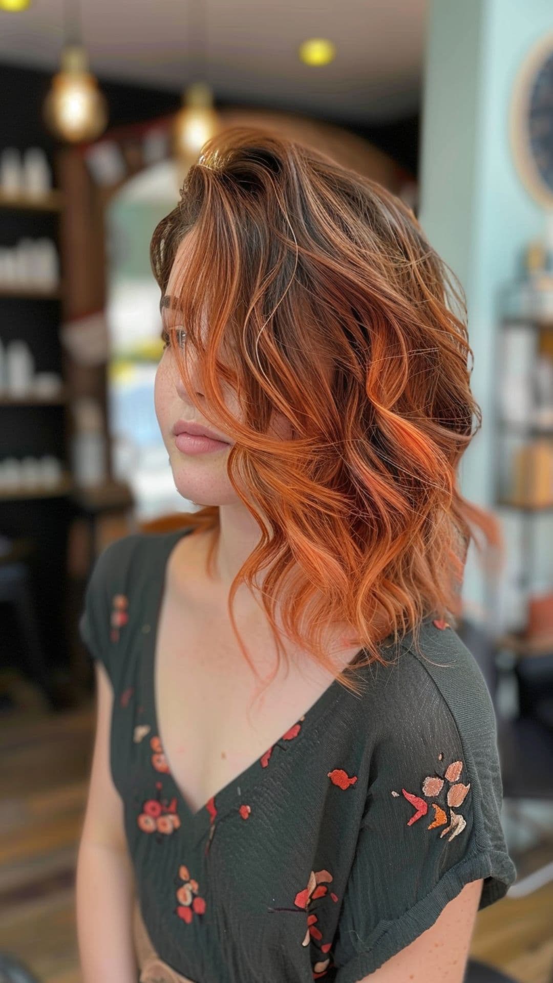 Uma mulher modelando um cabelo ombré de cobre,