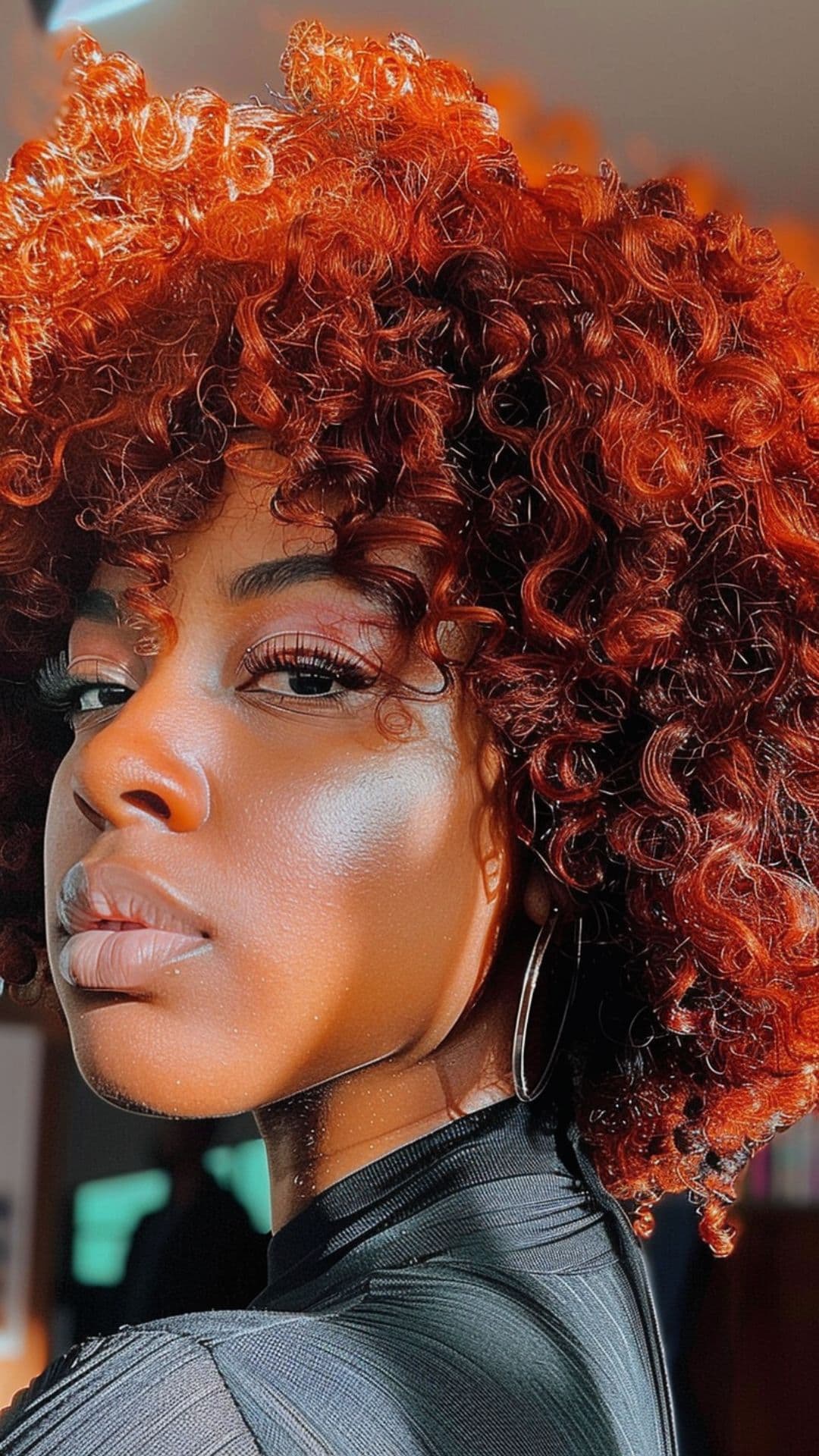 A black woman modelling a copper red afro hair.