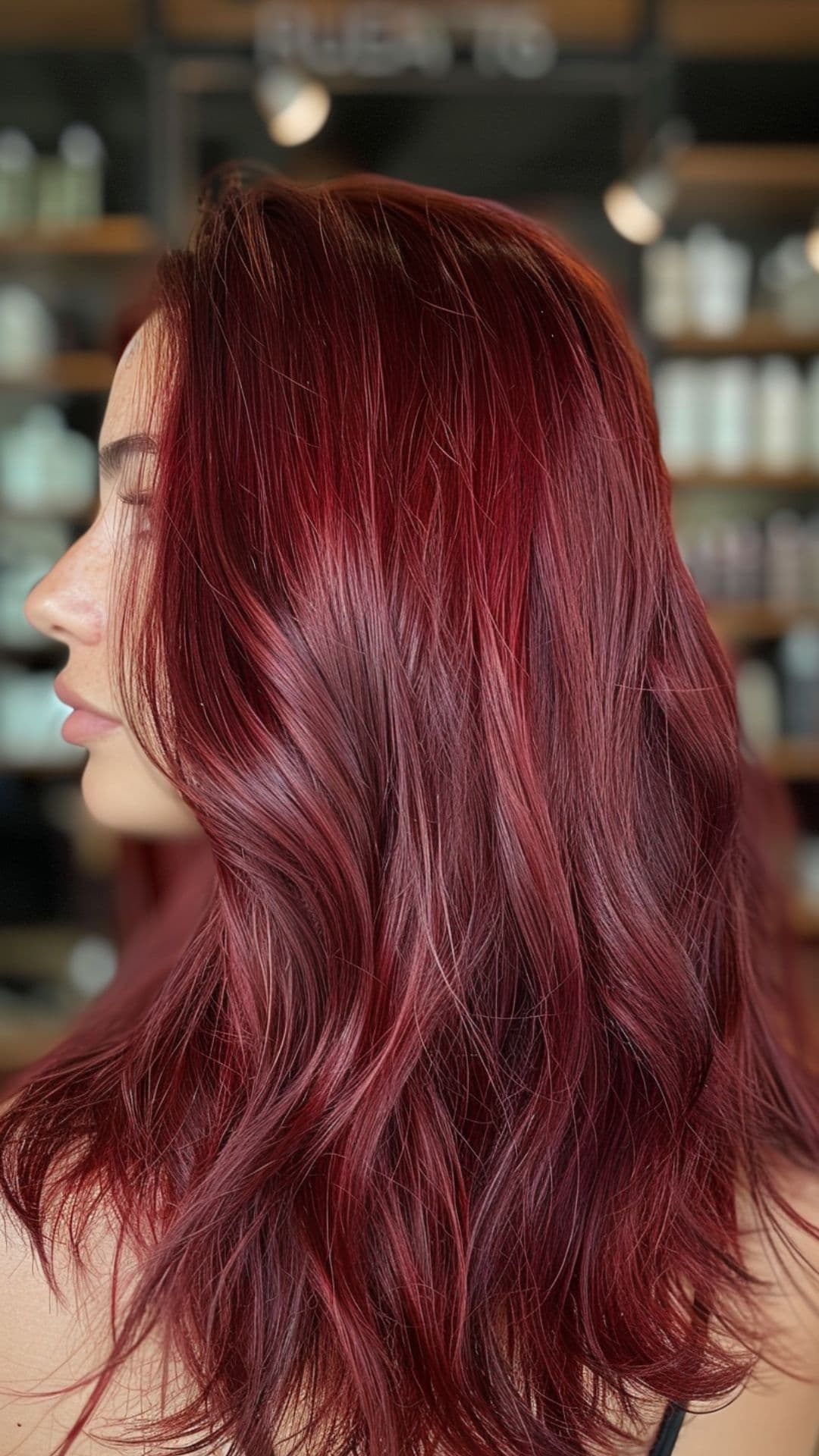 Uma mulher modelando um cabelo ruivo avermelhado.