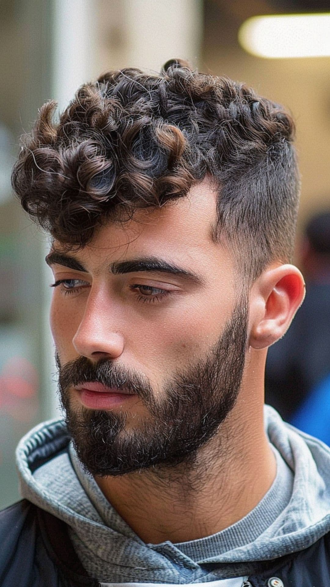 A man modelling a curly brush up hairstyle.