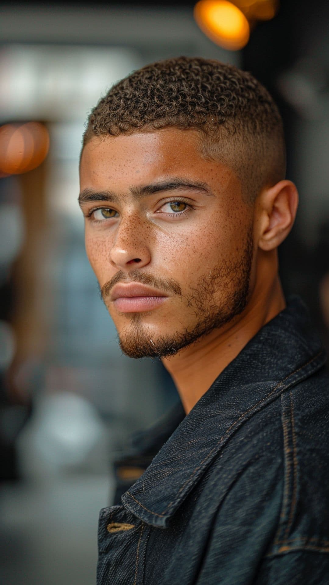 A man modelling a curly buzz cut hairstyle.