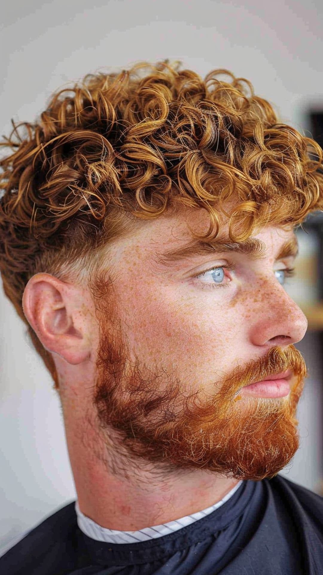A man modelling a curly caesar cut hairstyle.