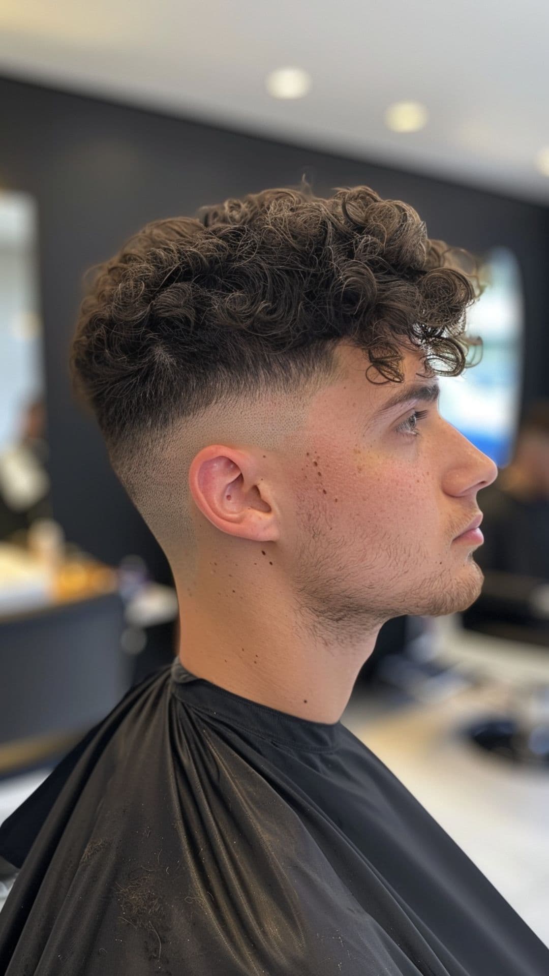 A man modelling a curly fade hairstyle.