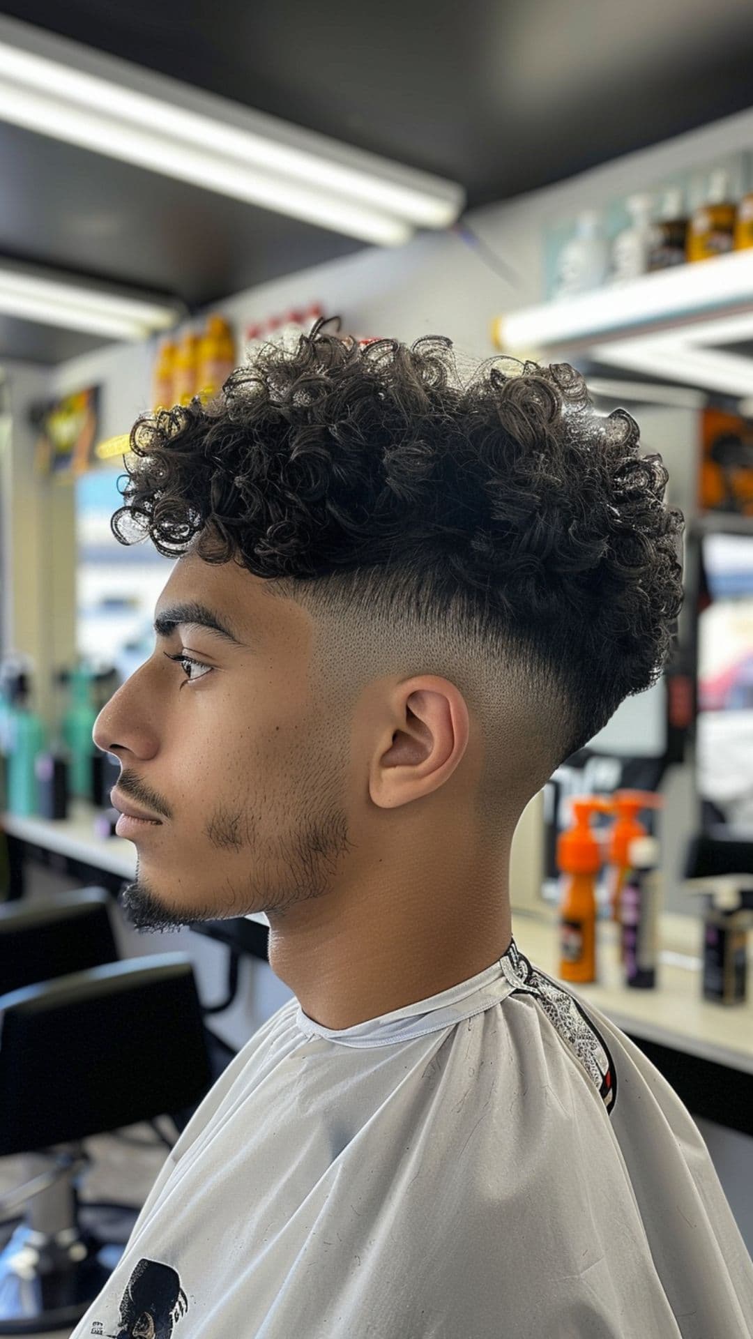 A man modelling a curly fringe hairstyle.