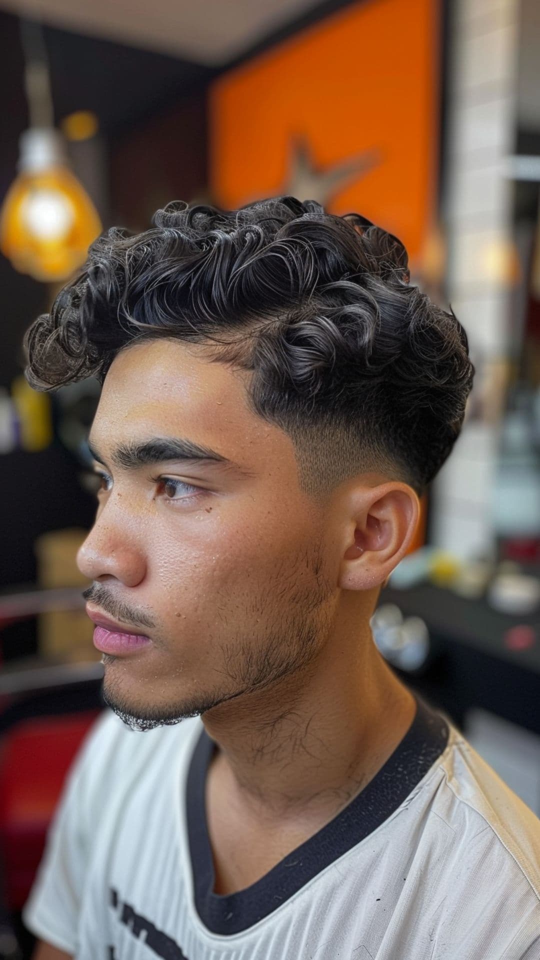 A man modelling a curly hair with side part.
