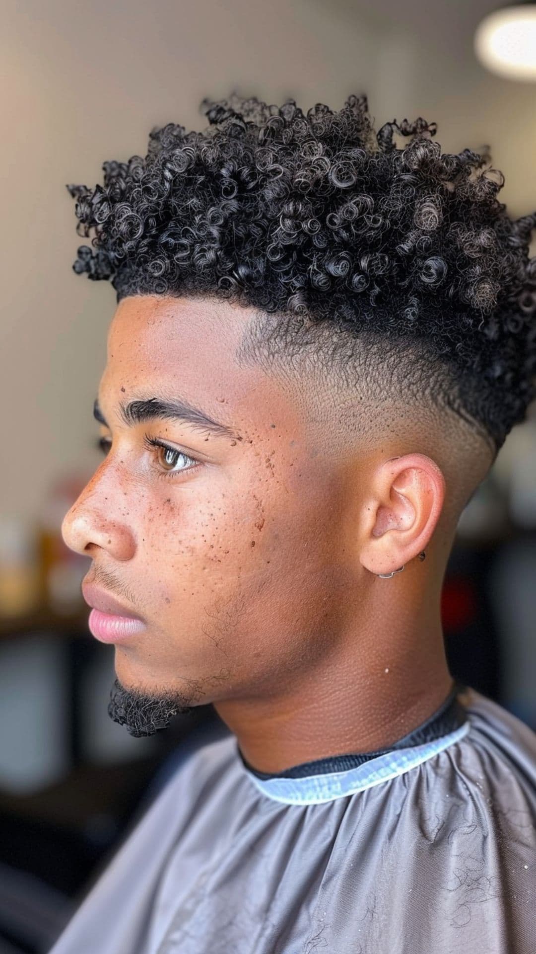 A man modelling a curly high top fade hairstyle.