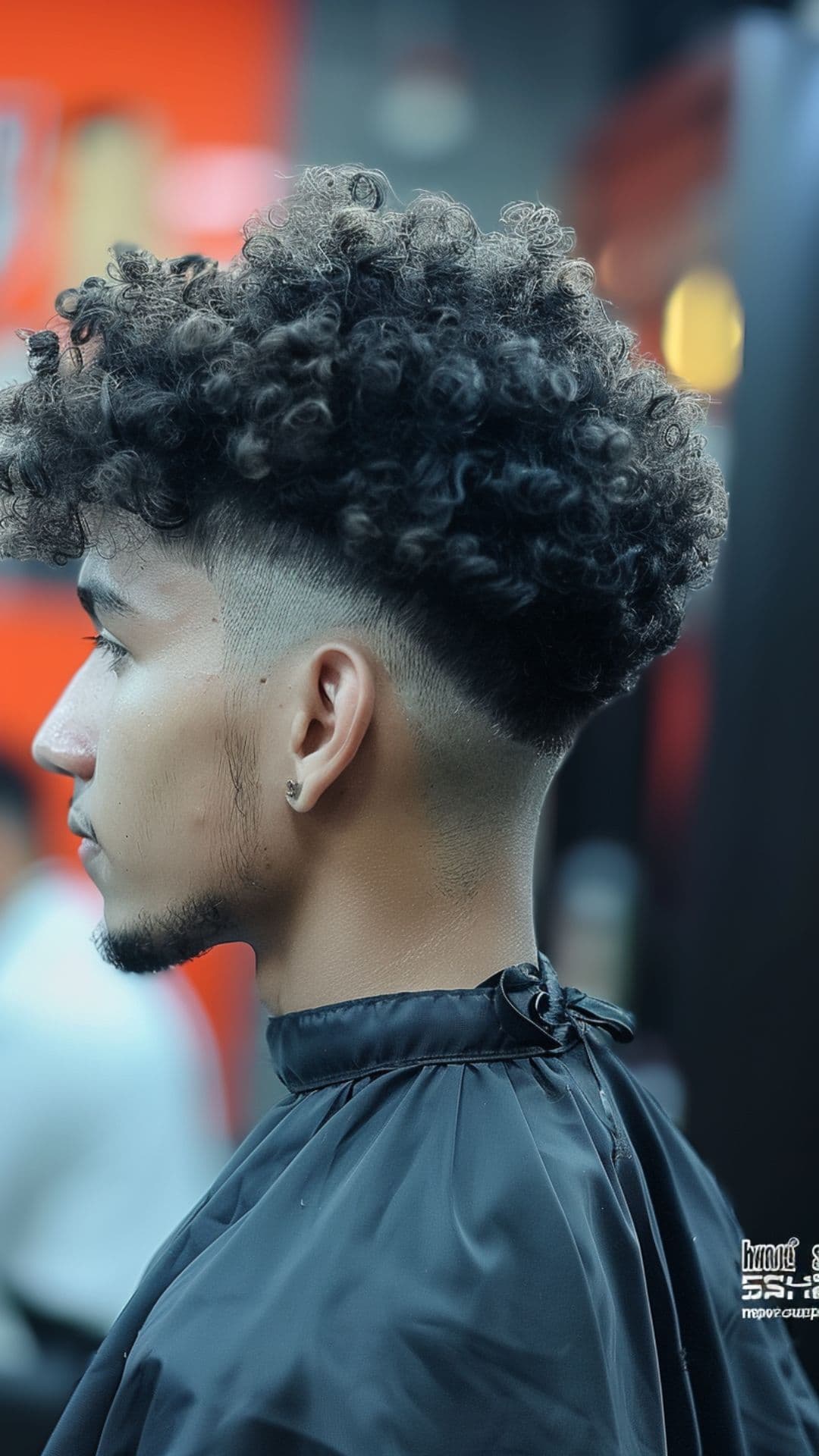 A man modelling a curly mohawk hairstyle.