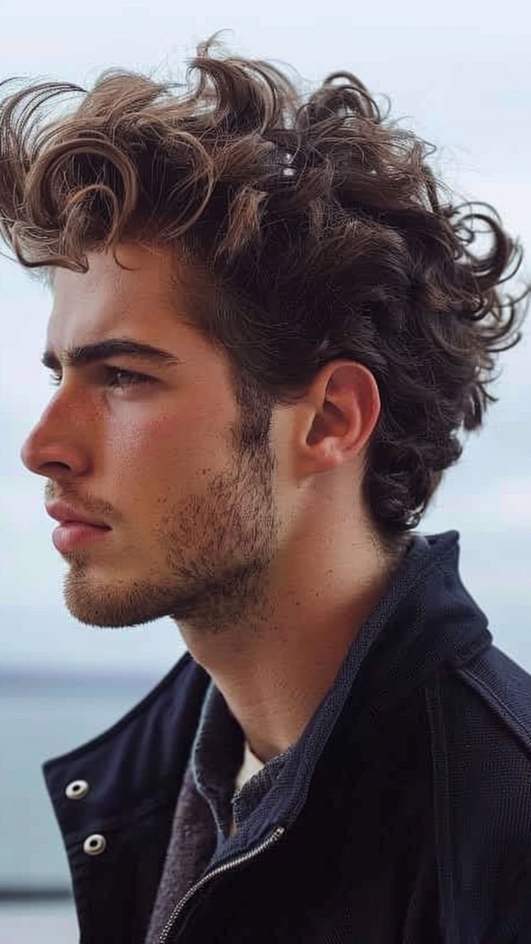 A man modelling a curly quiff hairstyle.