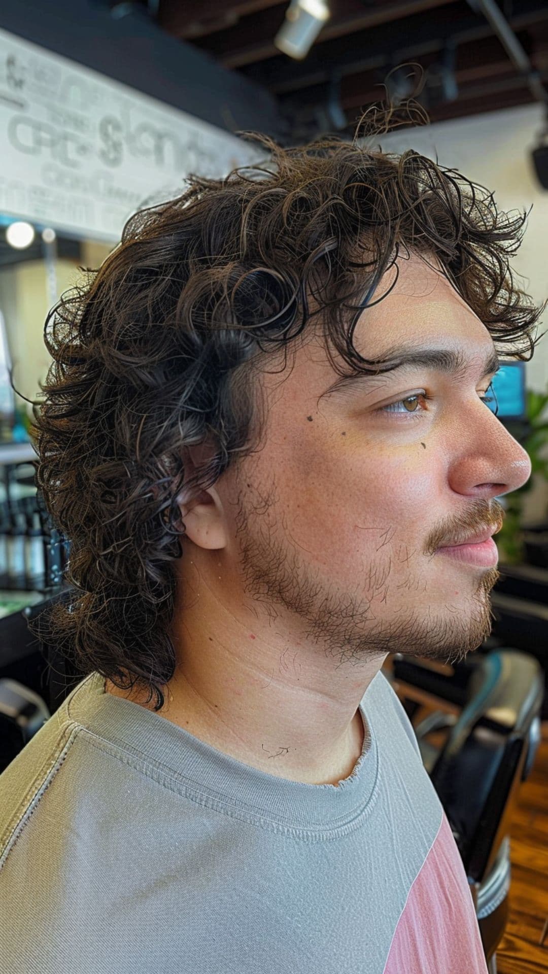 A man modelling a curly shag hairstyle.