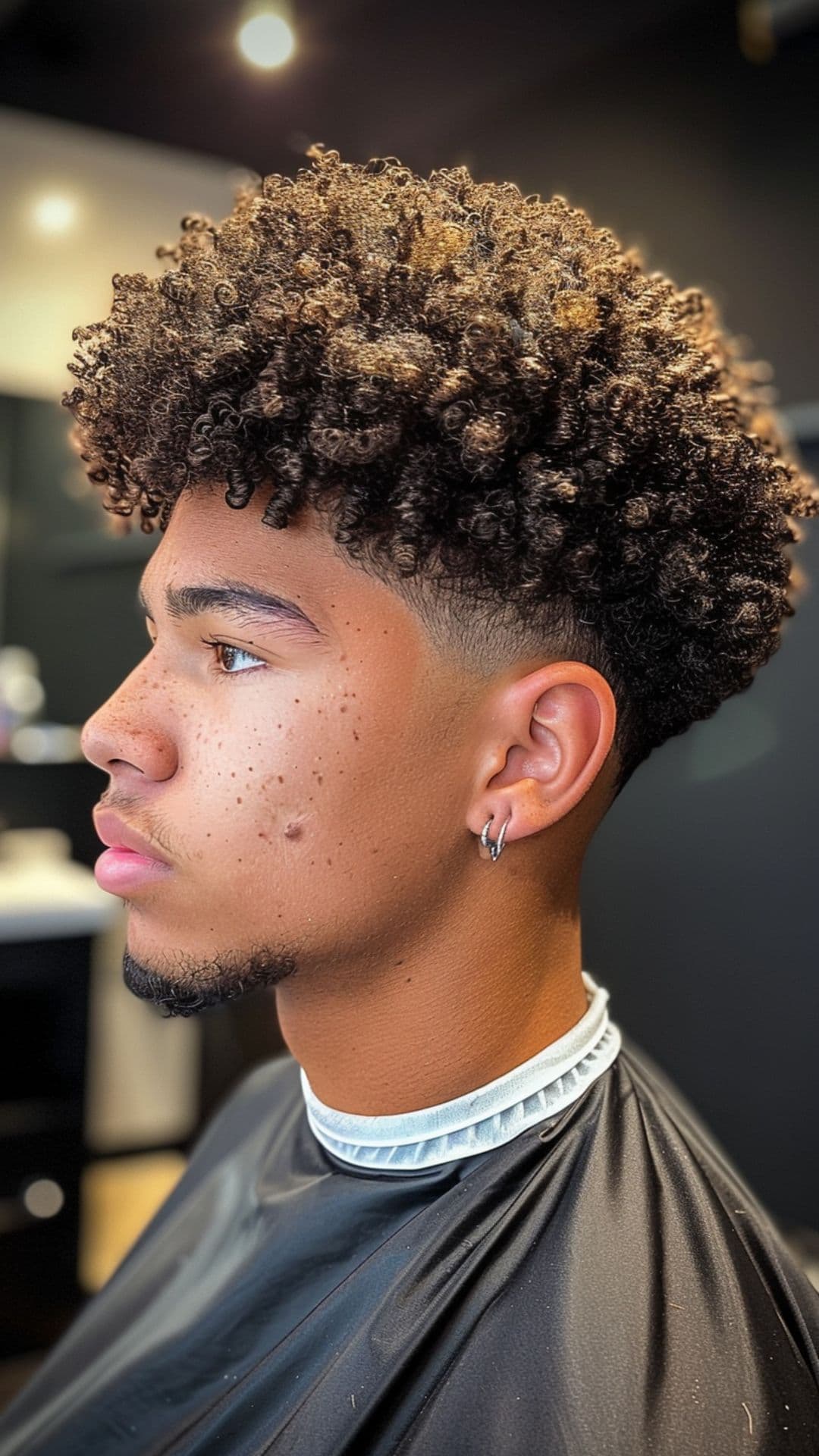 A man modelling a curly taper fade hairstyle.