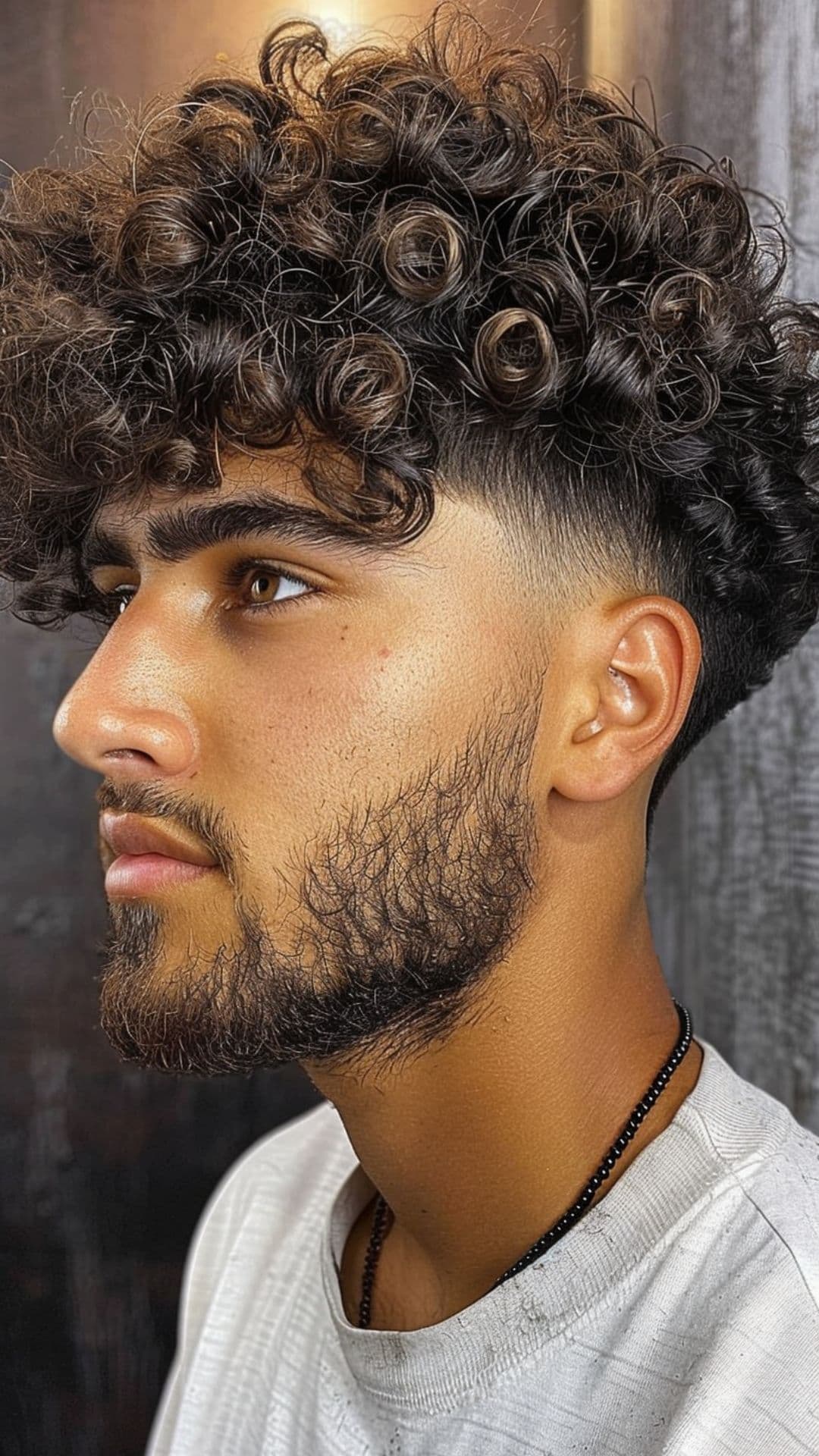 A man modelling a curly hair with temple fade hairstyle.