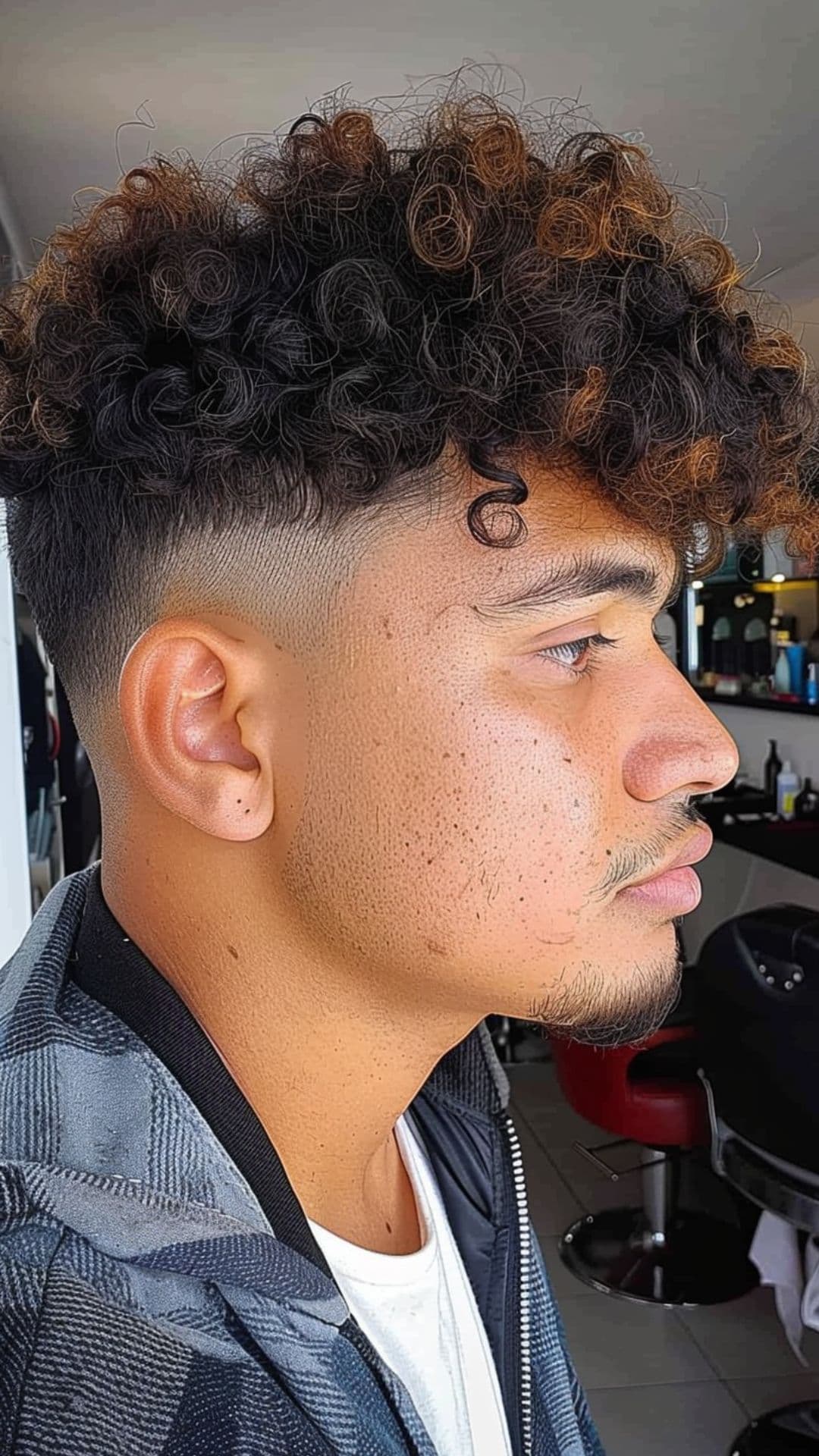 A man modelling a curly top with fade haircut.