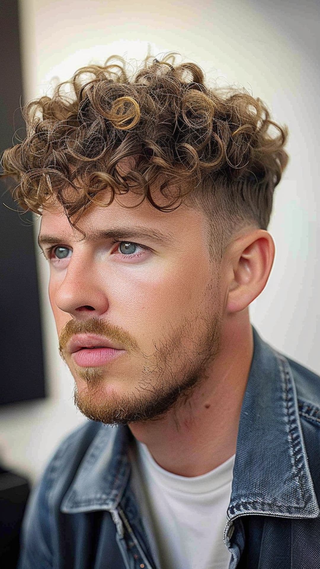 A man modelling a curly top with short sides hairstyle.