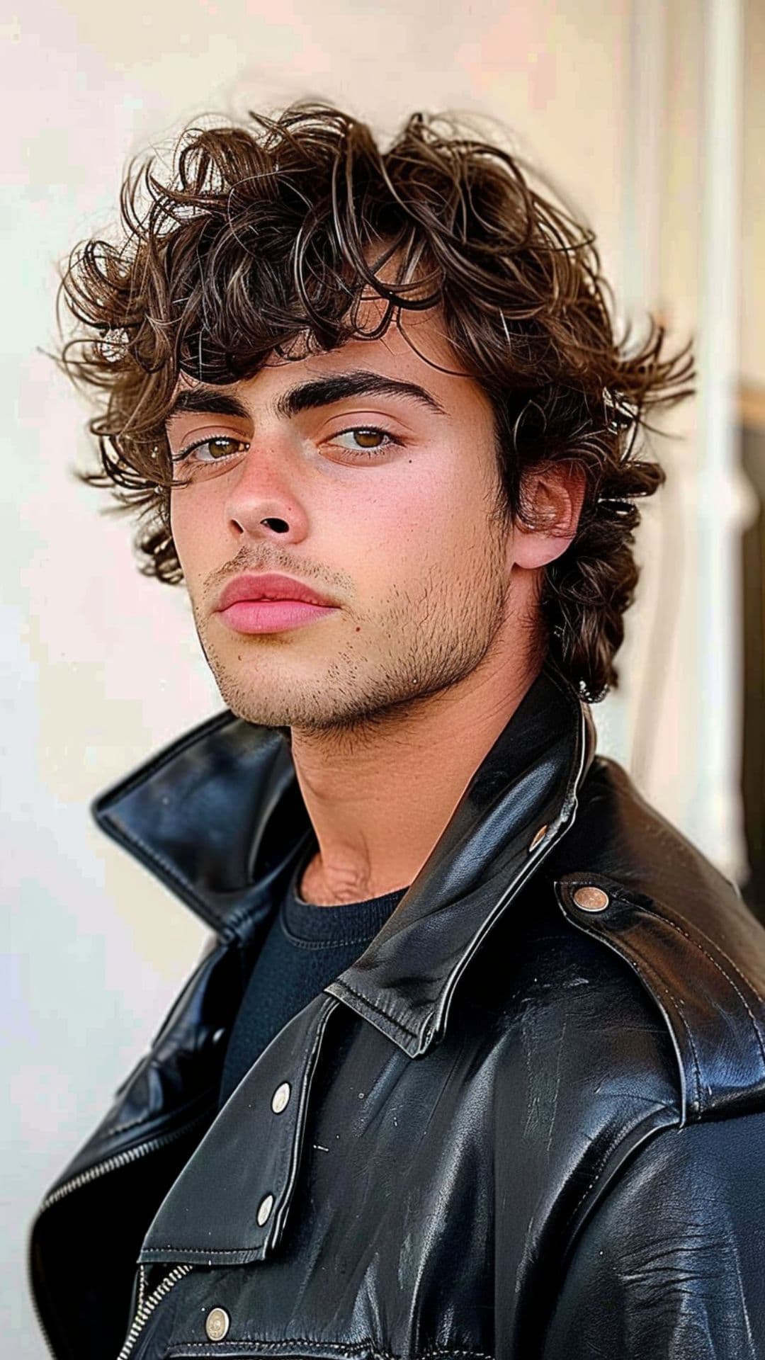 A man modelling a curly wolf cut hairstyle.