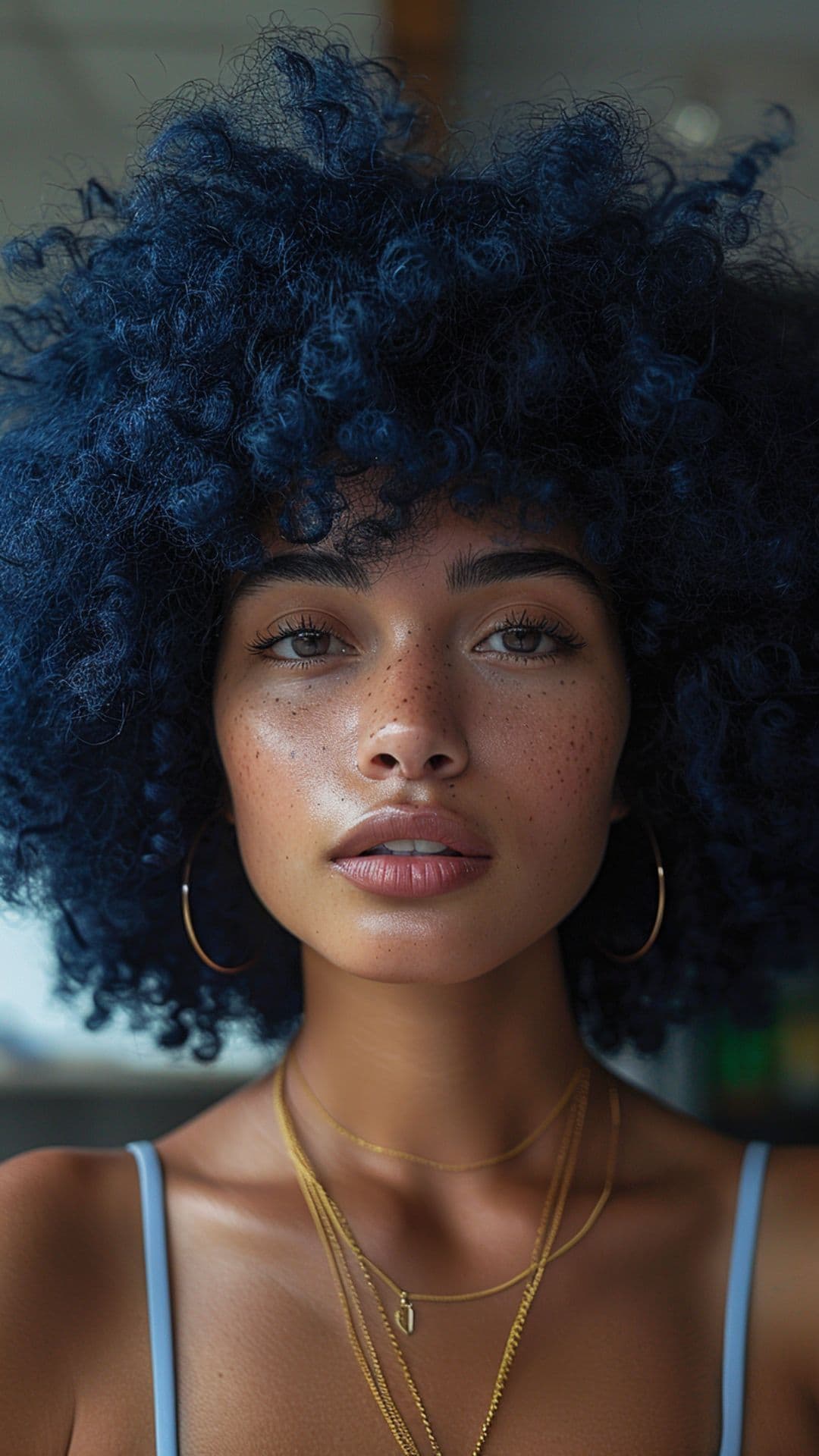 A black woman modelling a dark blue afro hair.