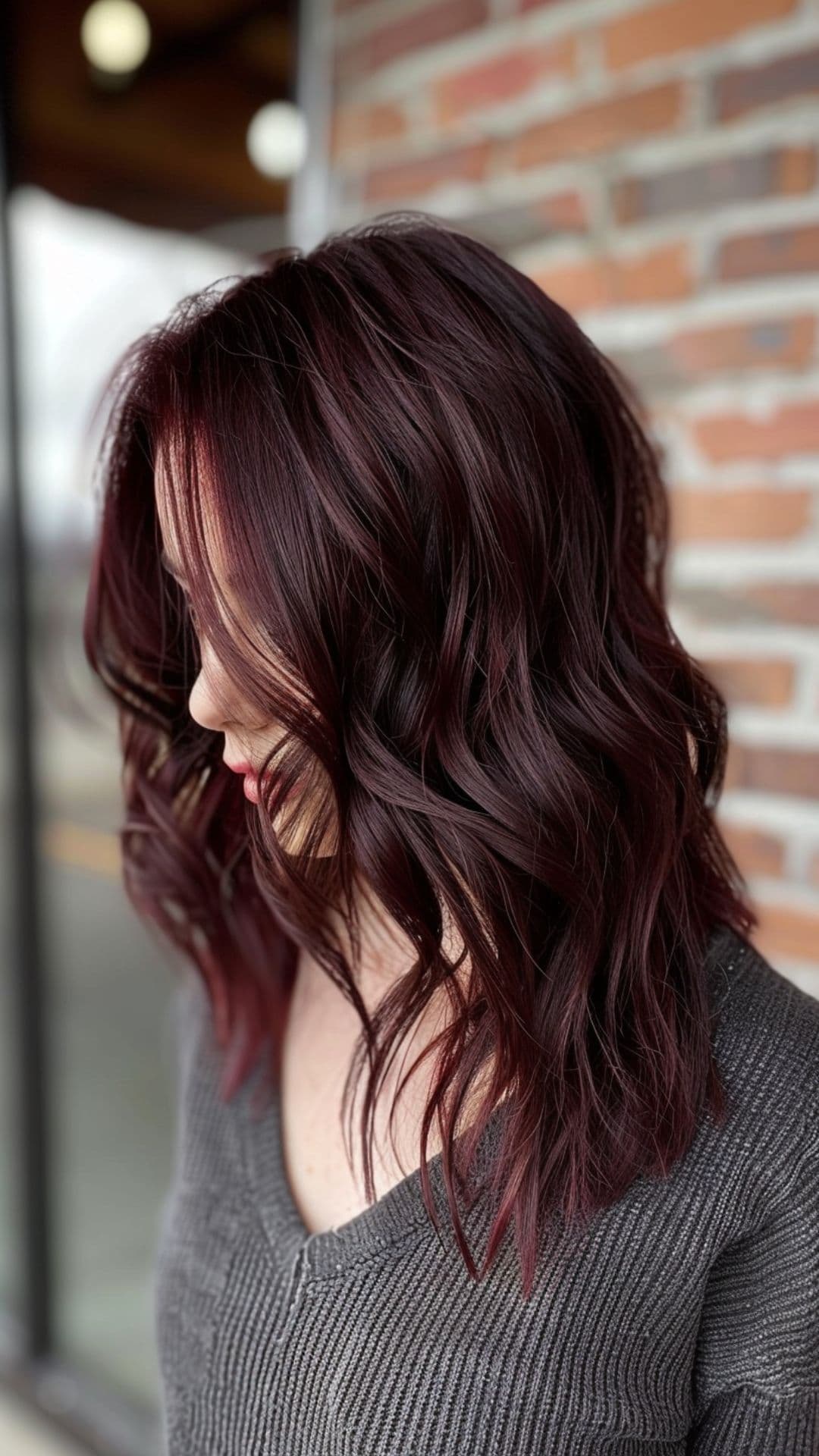 Uma mulher modelando um cabelo cor de vinho escuro.