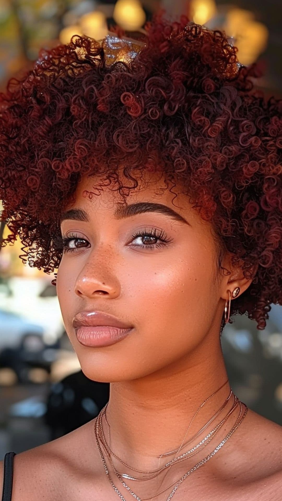 A black woman modelling a deep burgundy hair.
