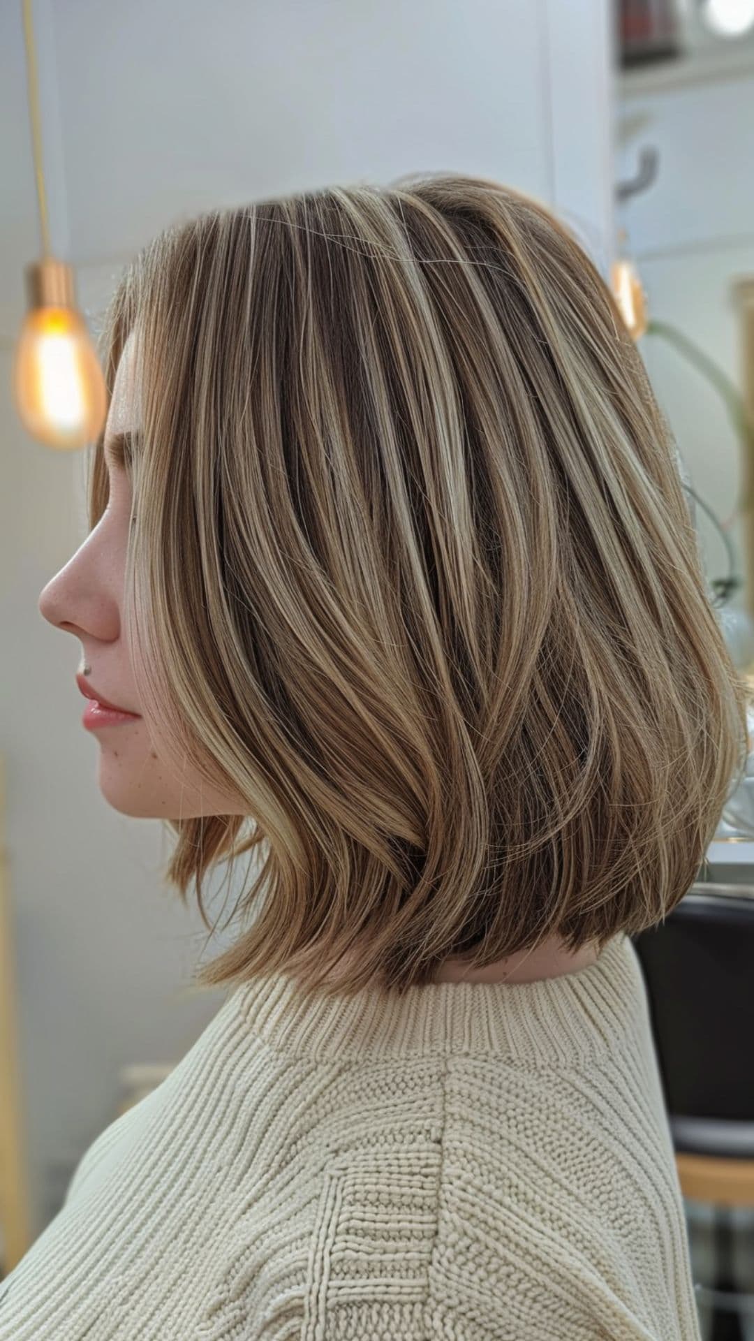 Uma mulher modelando um cabelo volumoso com mechas grossas.