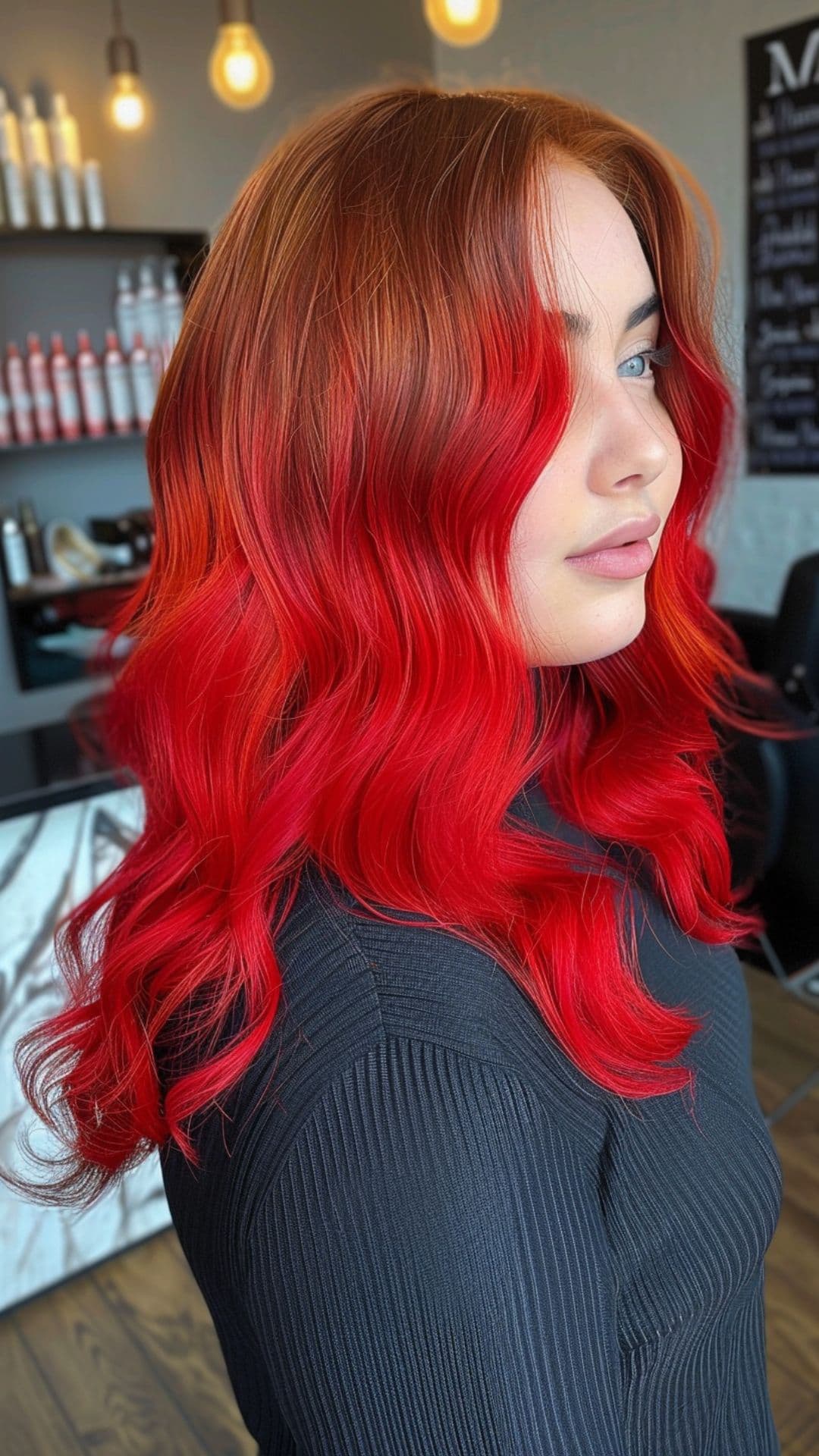 A woman modelling a fiery red hair.