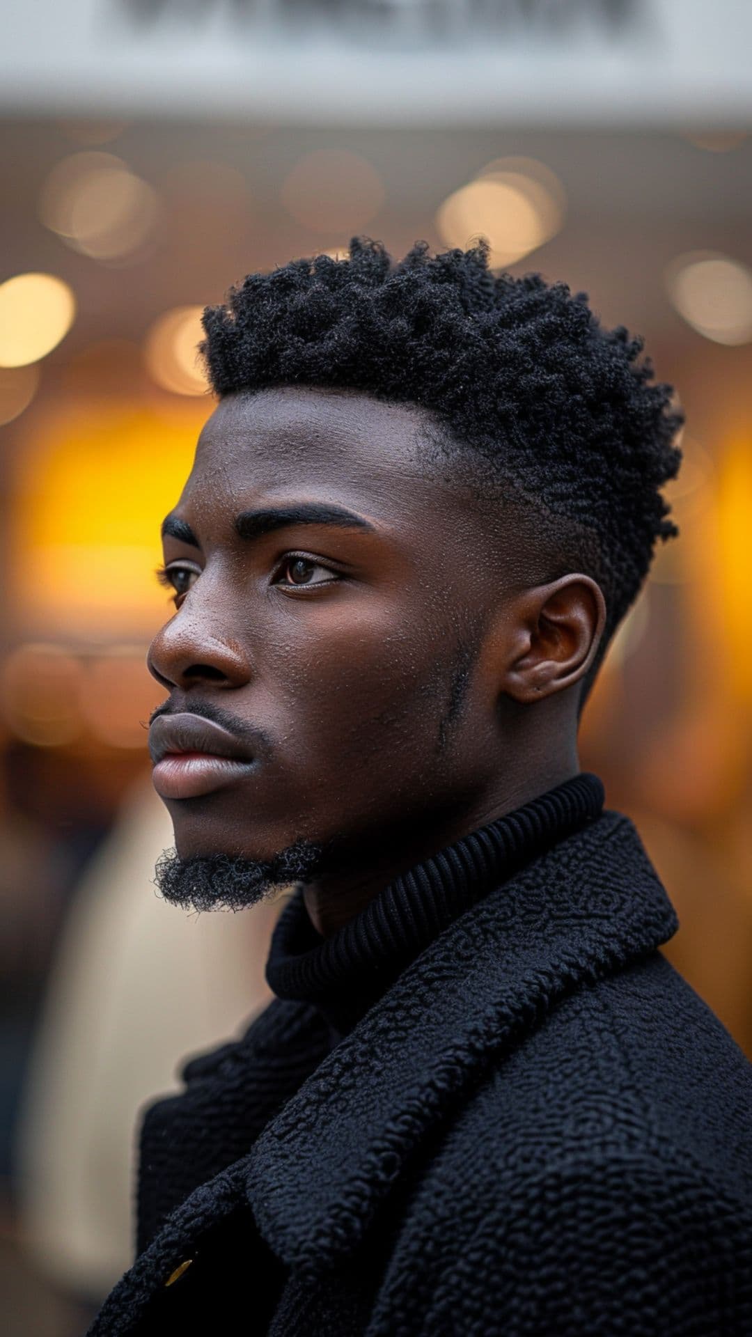 A black man modelling a short afro haircut.