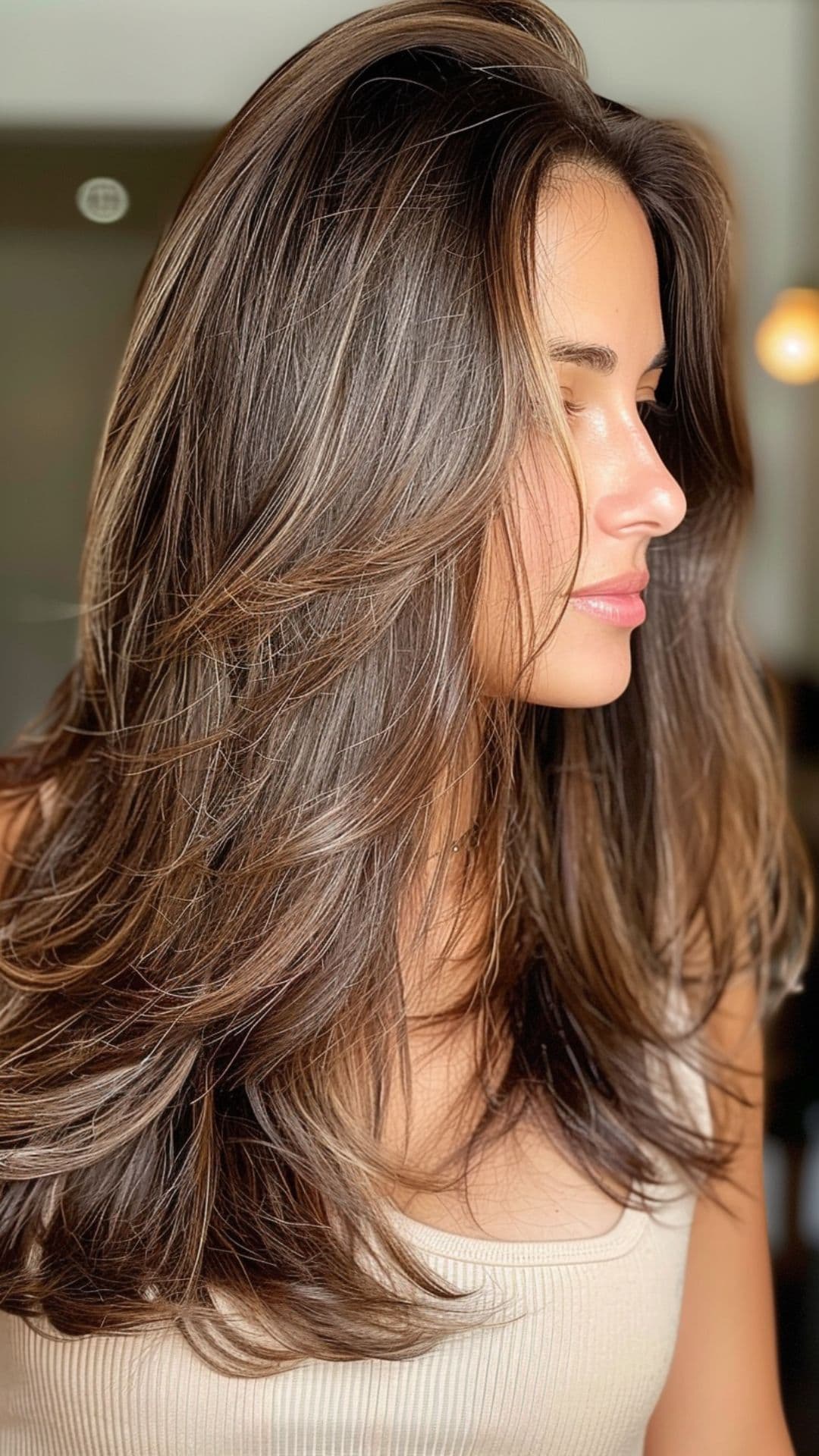 Uma mulher modelando um cabelo castanho espresso.