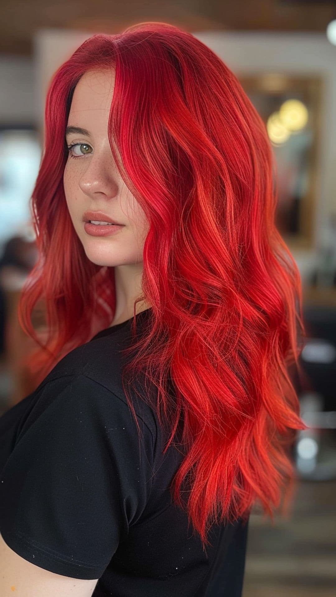 Uma mulher modelando um cabelo ruivo flamejante.