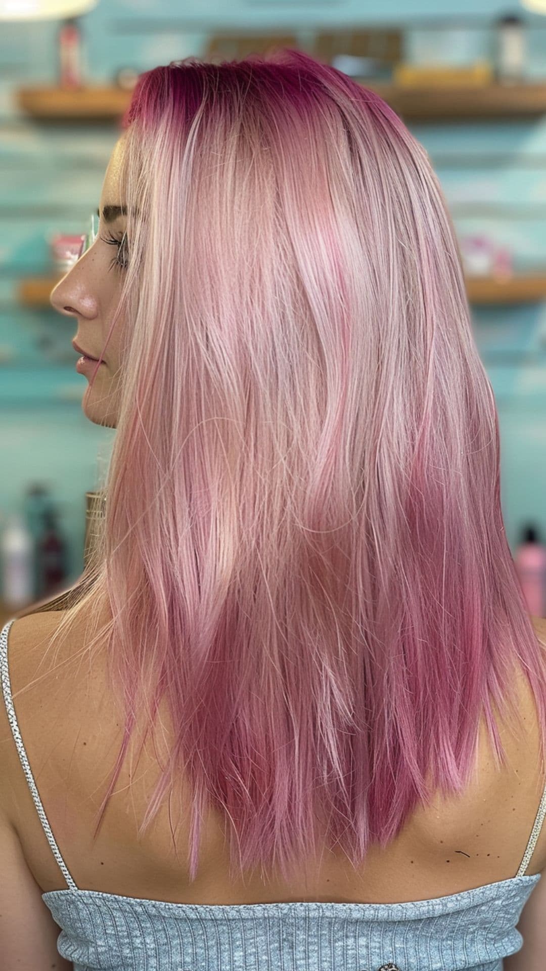 Uma mulher modelando um cabelo rosa fosco.