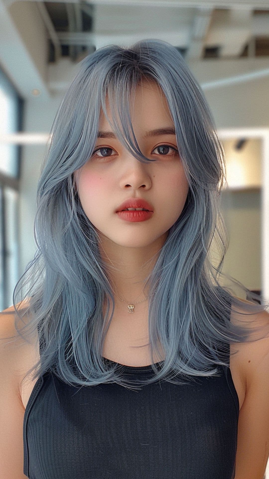 Uma mulher modelando um cabelo azul-gelo.