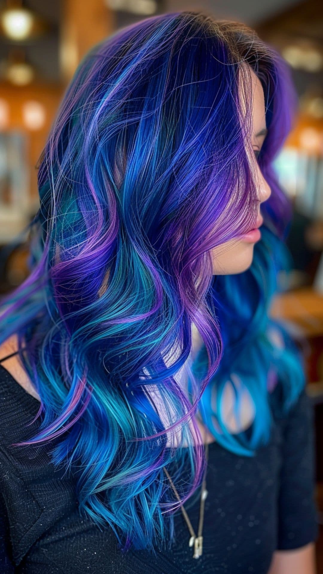 A woman modelling a galaxy inspired hair color.