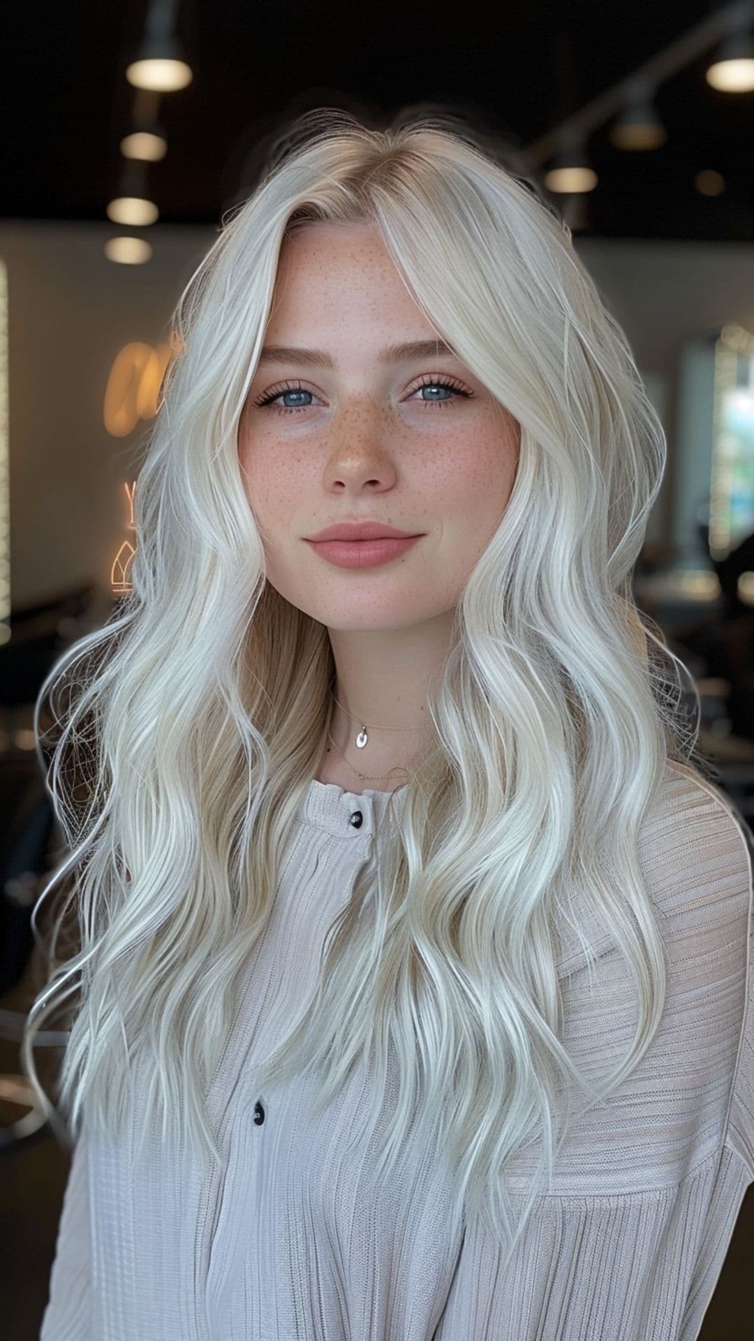 Uma mulher modelando um cabelo loiro glacial.