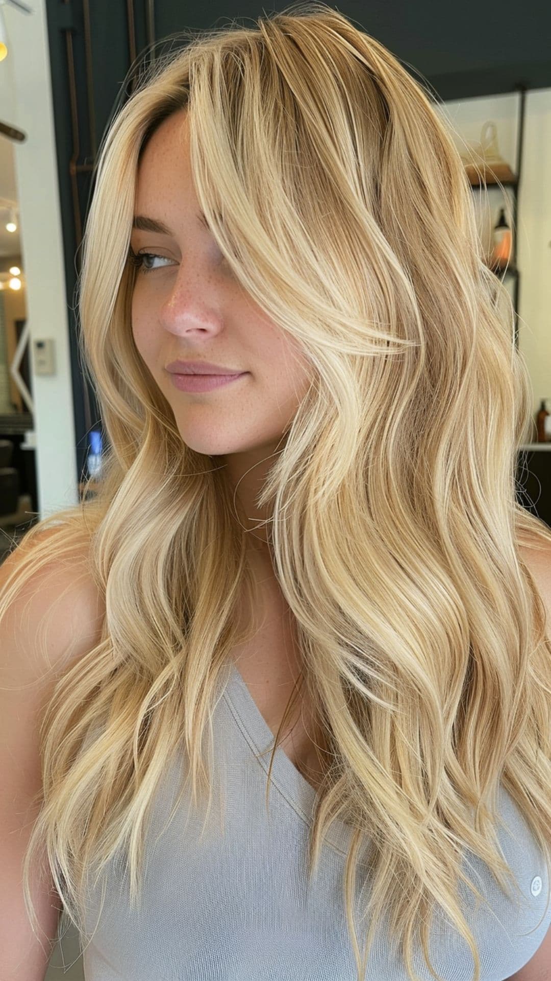A woman modelling a golden blonde hair.