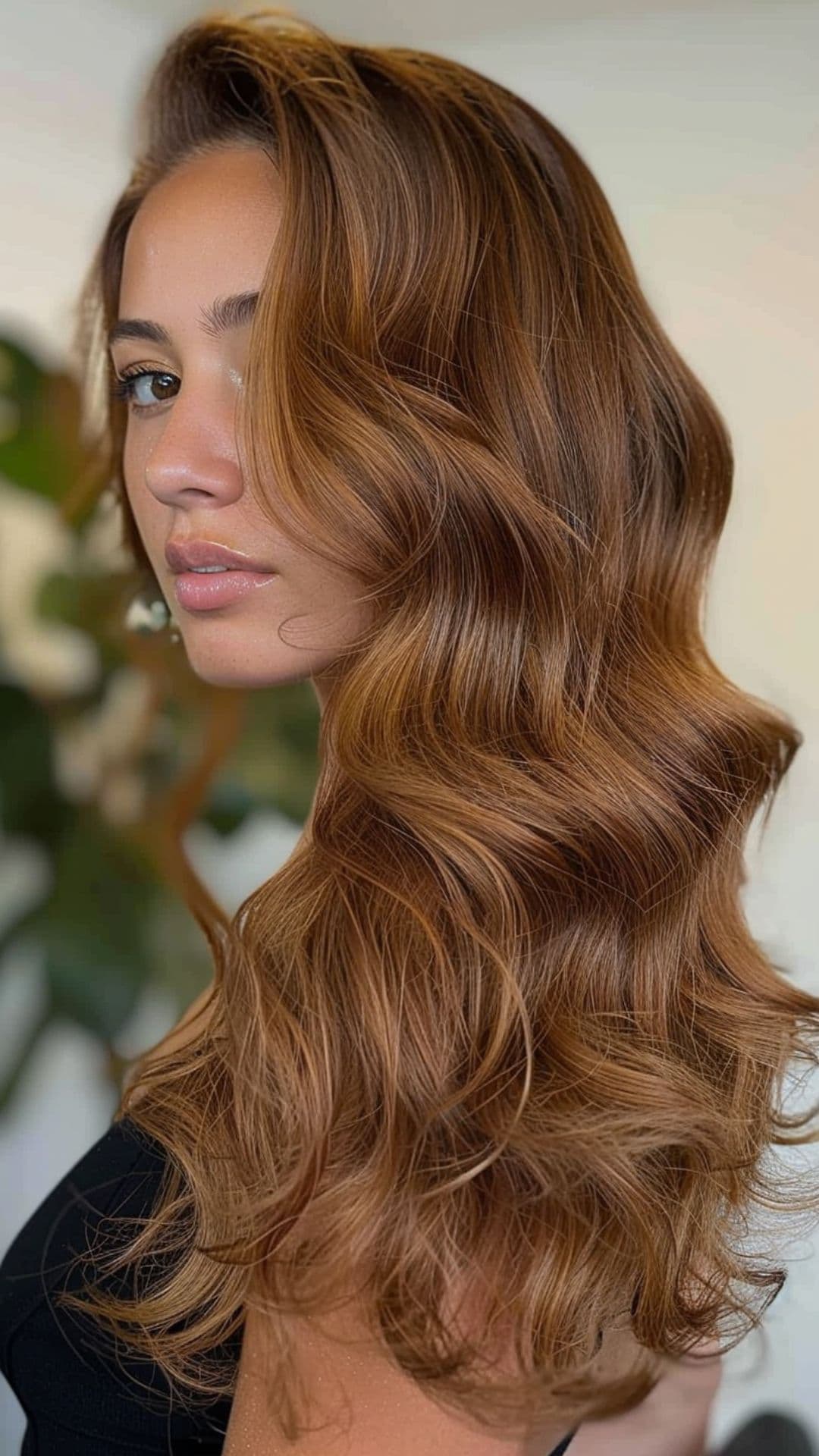 A woman modelling a goldn honey brown hair.