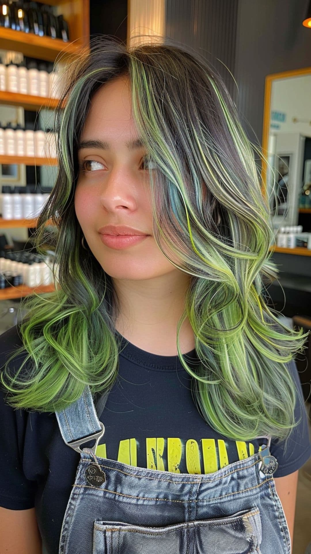 Uma mulher modelando um cabelo verde com mechas grossas.