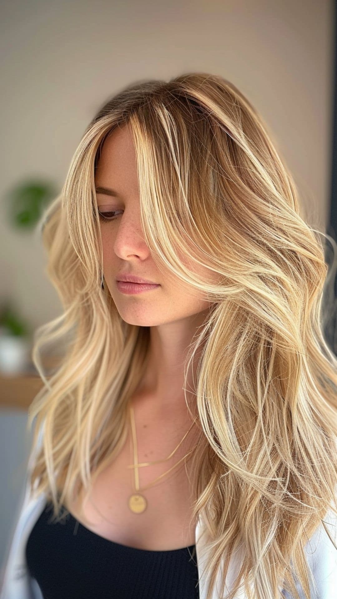 A woman modelling a honey blonde hair.